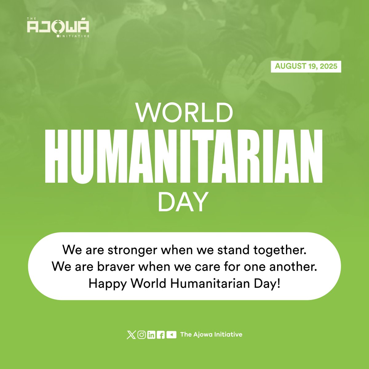 Ajowainitiative's tweet photo. Yesterday was World Humanitarian Day, let’s always remember that:

We are stronger when we stand together.
We are braver when we care together.

#WorldHumanitarianDay #Ajowa #WeAreTogether #Humanity #Unity https://t.co/5jgfsXXy47