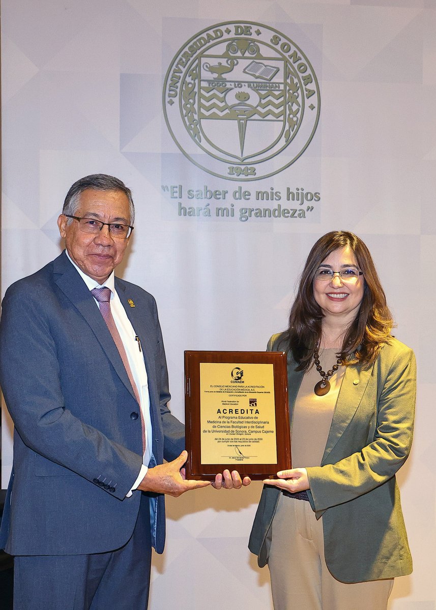 AComaem's tweet photo. 🎓🏅 Ayer 18 de Agosto, se realizó la Ceremonia de Entrega de la Placa de Acreditación al Programa Educativo de Licenciatura en Medicina de la Universidad de Sonora en su Facultad Interdisciplinaria de Ciencias Biológicas y de Salud, Campus Cajeme.
#COMAEM #UniversidadDeSonora https://t.co/nGq2kzAvLm