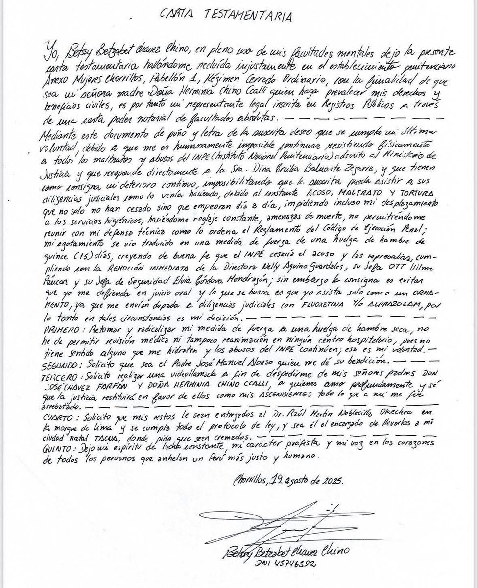 PicanteDKuy (@martinfiera) on Twitter photo La Doctora Betsy Chávez Chino escribe esta carta despidiéndose prácticamente, iniciará una huelga de hambre final.
Solicita despedirse de sus padres y pide la extrema unción.
El trato inhumano, la tortura física y psicológica es evidente
<a href="/CIDH/">CIDH - IACHR</a>
¡ No a la tortura de la dictadura! La Doctora Betsy Chávez Chino escribe esta carta despidiéndose prácticamente, iniciará una huelga de hambre final.
Solicita despedirse de sus padres y pide la extrema unción.
El trato inhumano, la tortura física y psicológica es evidente
<a href="/CIDH/">CIDH - IACHR</a>
¡ No a la tortura de la dictadura!