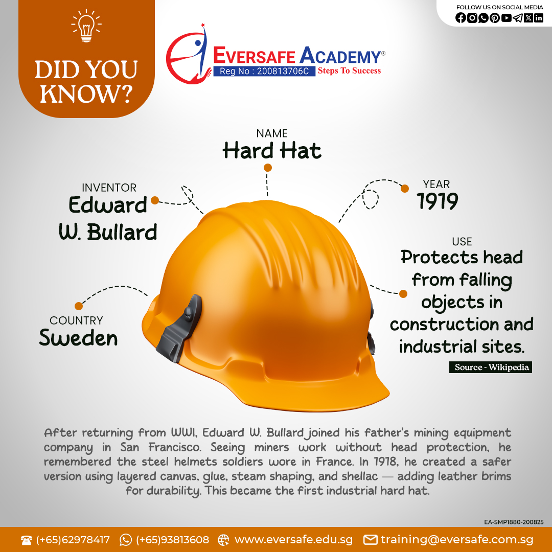EversafeAcademy's tweet image. Did You Know? The History of the Hard Hat |EVERSAFE Academy® Singapore !
📲 WhatsApp: 📱 bit.ly/3JKmp0J

#DidYouKnow #HardHat #SafetyGear #ConstructionSafety #WorkplaceSafety #EversafeAcademy #SafetyFirst #ProtectYourHead #IndustrialSafety #PPE #SafetyTraining #WorkSafe