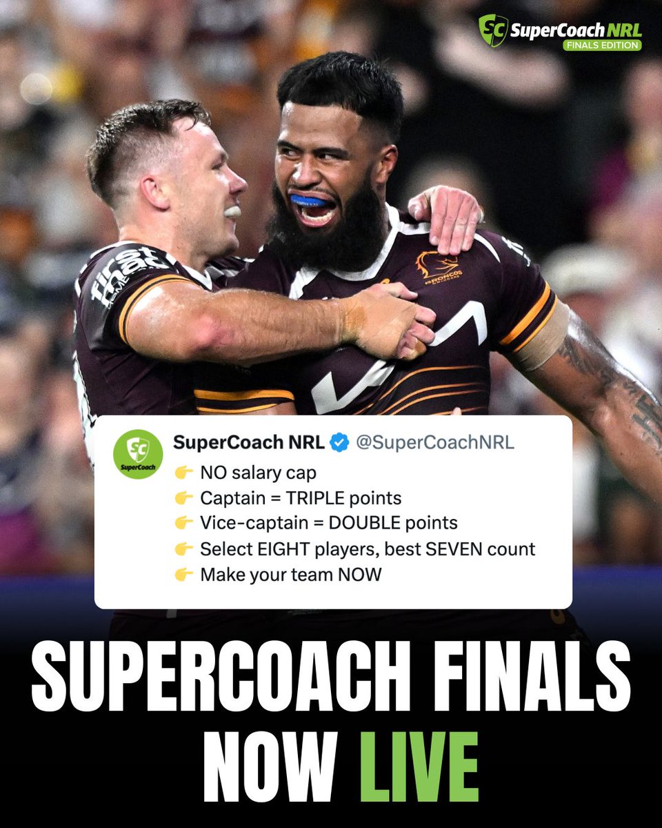 SuperCoach Finals is BACK 👀

The fun rolls on throughout the finals series ...

PLAY NOW ▶️ supercoach.com.au/nrl/finals

#SuperCoach #NRL