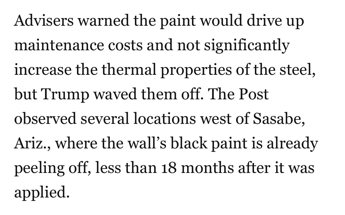 AaronBlake's tweet photo. Trump ordered this during his first term, despite aides telling him it wouldn’t do much to make the steel hotter, per WaPo.

The paint was peeling off a year and a half later. https://t.co/WpA6KlueKt