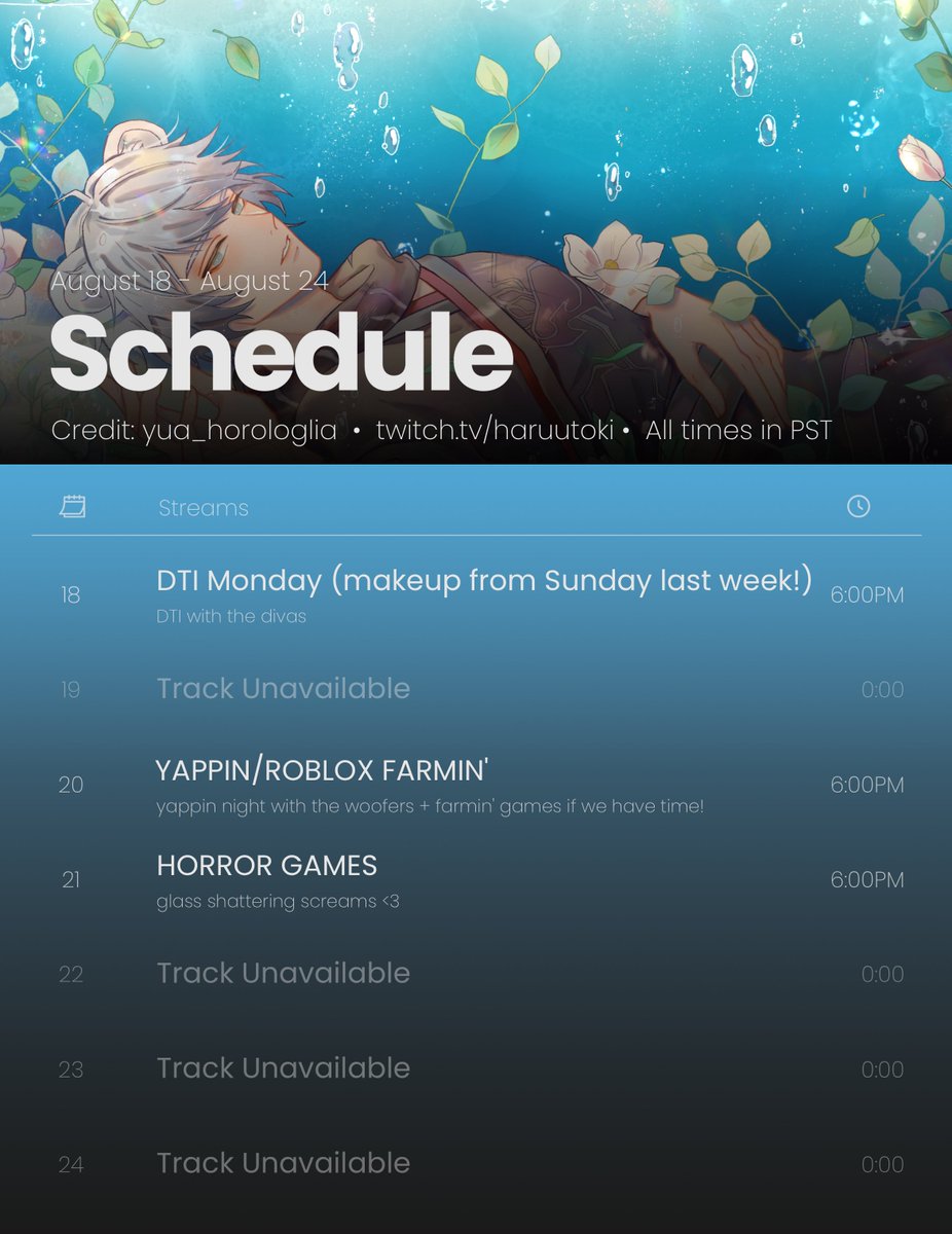 🐾stream schedule! «august 18 - august 24»

chill week friends! bit of a smaller schedule since there's some IRL plans happening, but excited to yapp and hang with you guys as much as I can! 💛🐾