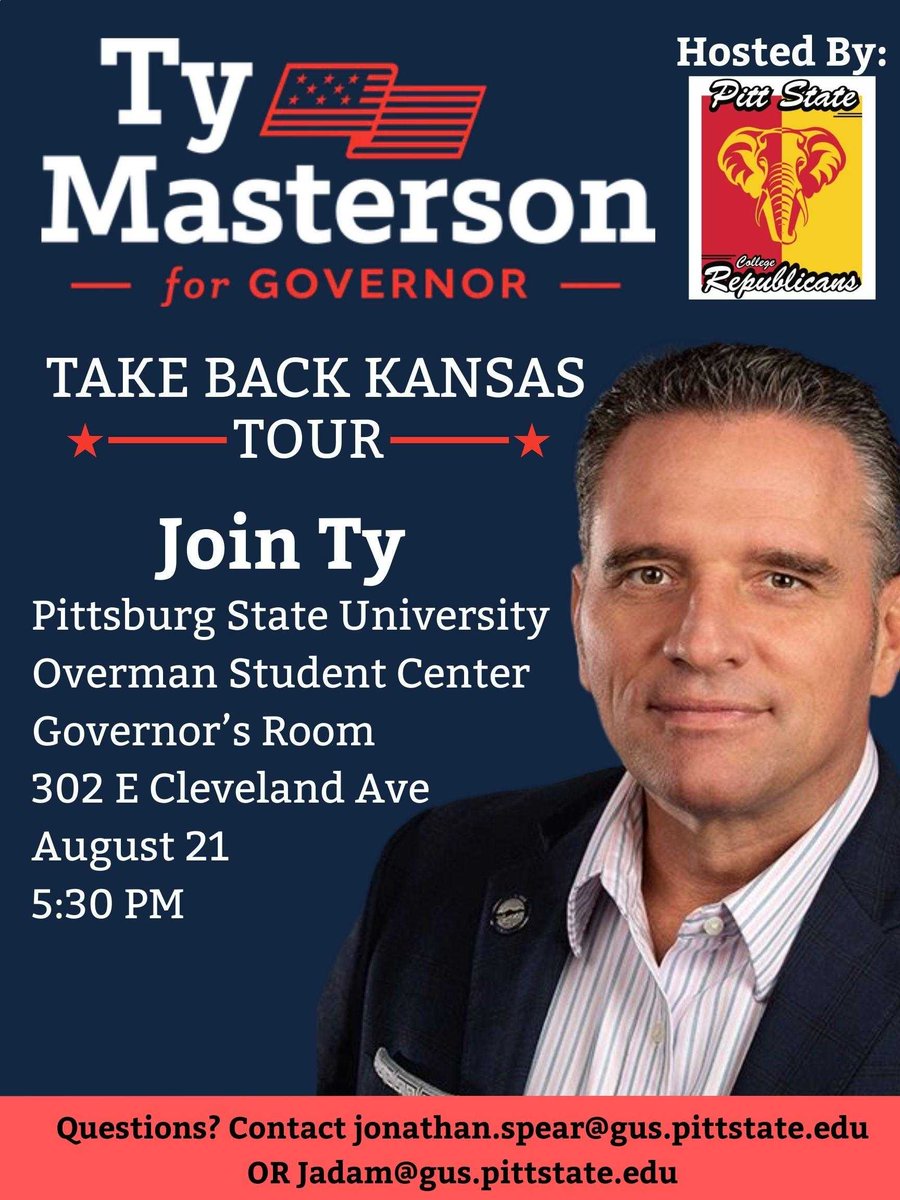 PSU Republicans are proud to host Kansas Senate President and candidate for Governor <a href="/TyMastersonKS/">Ty Masterson</a>  this Thursday, August 21st, at 5:30 PM in the Governor's Room of the Overman Student Center. 

The event is free and open to the public. We hope to see you there!