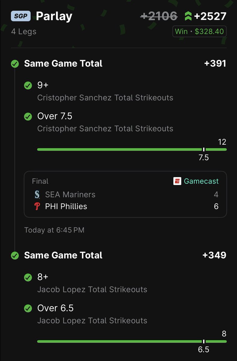 🔥🔥MAX EM STRIKEOUTS🔥🔥

Lopez x Sanchez 7/8Ks (+869)✅
Lopez x Sanchez 8/9Ks (+2527)✅💎

BUILDING THAT BANKROLL BIG RIGHT IN TIME FOR NFL SEASON!!!😤😤

$37.50➡️$570.87💰

COME TAP IN⬇️
whop.com/the-gulag💥💥