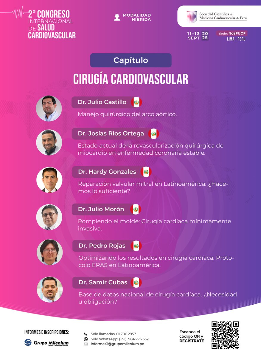 📢 Conoce a nuestros expertos en Cirugía Cardiovascular en el 2.º Congreso Internacional de Salud Cardiovascular.   

Inscríbete aquí: bit.ly/4hG1Z7p 

#CongresoCardio #CirugiaCardiovascular #SOCIMECAR
<a href="/calebriosortega/">Josías C. Ríos-Ortega</a> <a href="/Juliomoron17/">Julio moron</a> <a href="/WildorSamir/">W Samir Cubas</a>