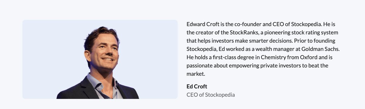 Stockopedia (@stockopedia) on Twitter photo Before founding Stockopedia, <a href="/edcroft/">Ed Page Croft</a> was a wealth manager at Goldman Sachs.
Today, he runs the platform thousands of investors use to beat the market, and on 21st August @ 5pm (BST) you’ll get a behind-the-scenes look at his own investing process.
Join Ed for a live Before founding Stockopedia, <a href="/edcroft/">Ed Page Croft</a> was a wealth manager at Goldman Sachs.
Today, he runs the platform thousands of investors use to beat the market, and on 21st August @ 5pm (BST) you’ll get a behind-the-scenes look at his own investing process.
Join Ed for a live