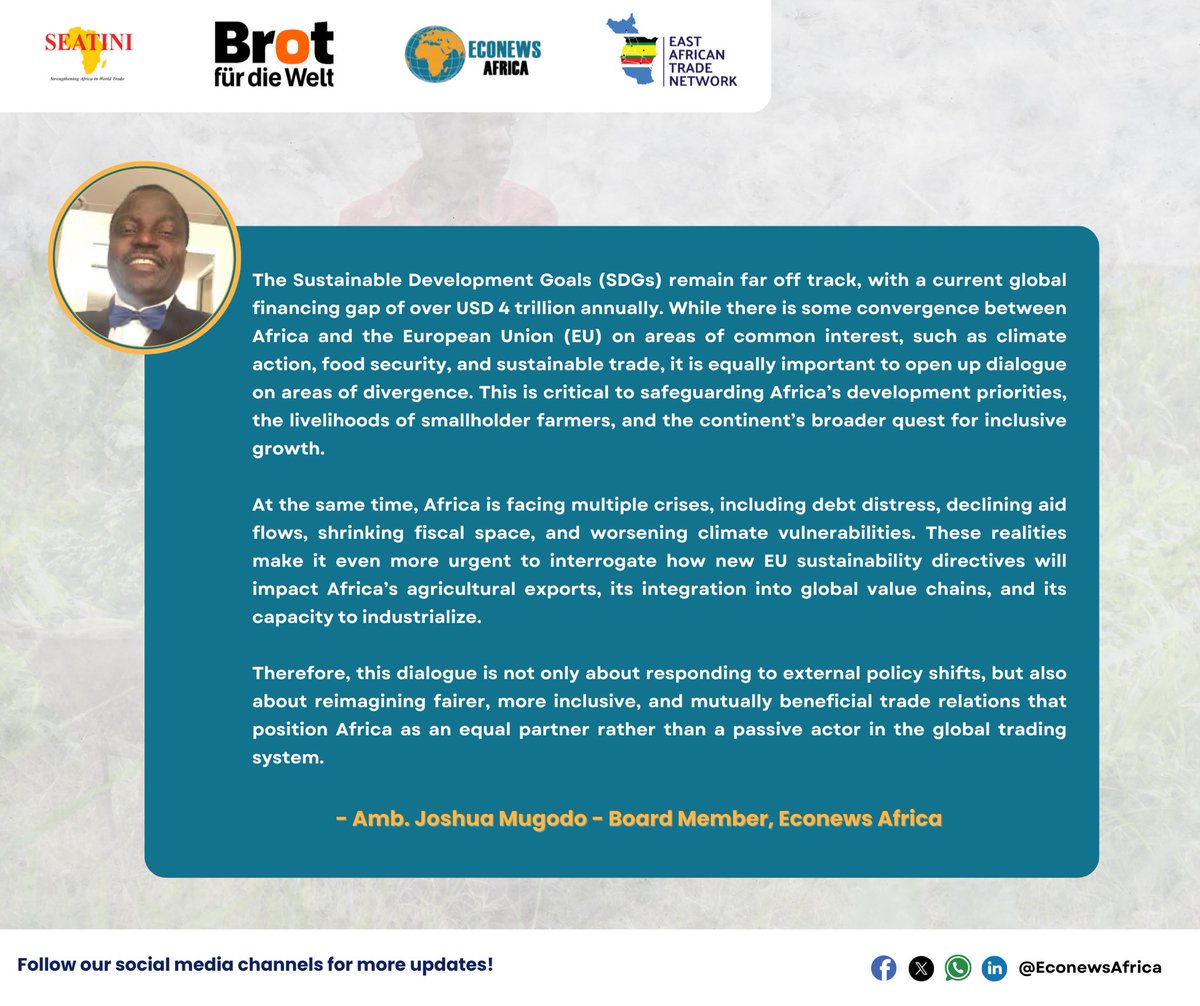 🗣️| As we think about the future of EU-Africa Trade Relations, it is essential to frame them around reciprocity &amp; shared prosperity. 

We should focus our attention on elements like financing💸, knowledge transfer📖 &amp; regional integration🔗 as pillars for #sustainabledevelopment.