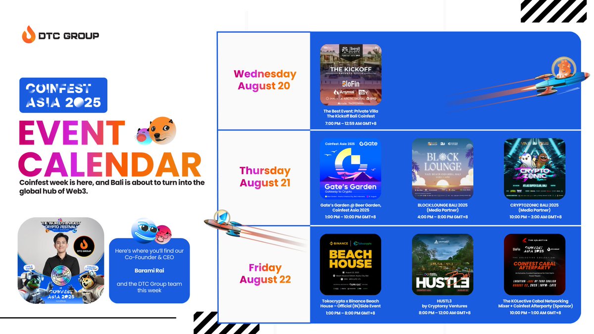 Coinfest Asia 2025 Bali Event Calendar 🇲🇨

Coinfest week is here, and Bali is about to turn into the global hub of Web3. Here’s where you’ll find our Co-Founder &amp; CEO <a href="/MR_B_DTC/">₿arami Rai (Mr.₿)</a> and the <a href="/DTCGroup_/">DTC Group</a> team (<a href="/DTCGroup_Mocha/">Mocha</a>)  this week 🌴

Wednesday, August 20

The Best Event: Private