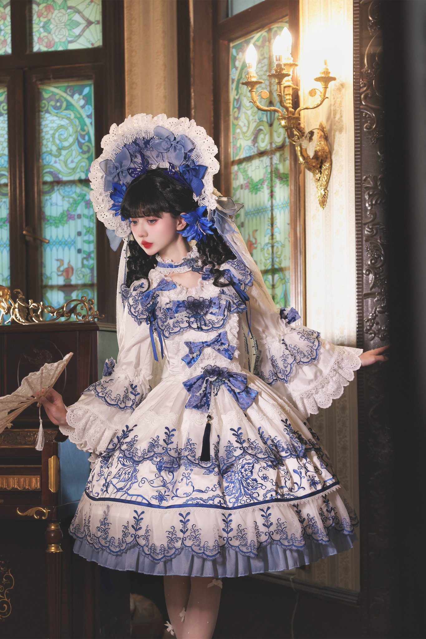 ロリータドレス 多色 フリル付き 手袋付き White Rose 3段フリル姫袖ドレス 単品・フルセット - S / ブルー
