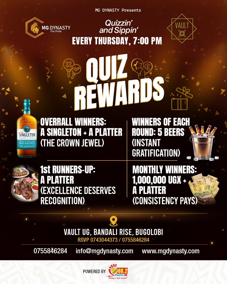 MG Dynasty (@mgdynasty256) on Twitter photo It doesn't get better than this.
Your Thursday nights plot should be locked in.
<a href="/VaultUg/">VAULT UG</a> with <a href="/882SanyuFM/">88.2 Sanyu FM</a> bring you the best rewards in town for your wits. Bring your crew for the ultimate #QuizzinAndSippin hosted by <a href="/kanyindo/">Siima Kyakuhaire</a> It doesn't get better than this.
Your Thursday nights plot should be locked in.
<a href="/VaultUg/">VAULT UG</a> with <a href="/882SanyuFM/">88.2 Sanyu FM</a> bring you the best rewards in town for your wits. Bring your crew for the ultimate #QuizzinAndSippin hosted by <a href="/kanyindo/">Siima Kyakuhaire</a>