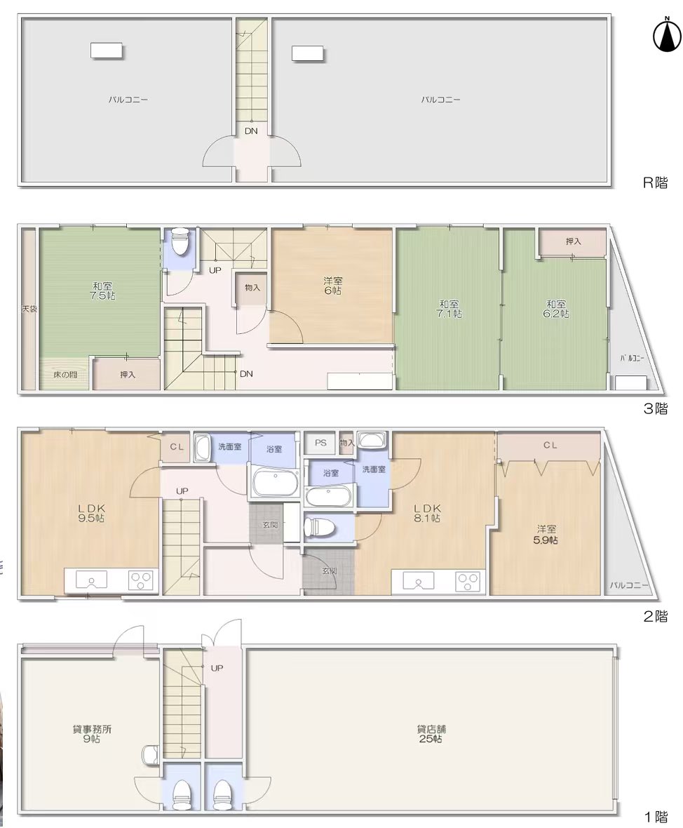 坐地铁8分钟到梅田的一栋楼
售价才500多万人民币
铁骨3层建，用4户，店铺＋事务所＋住宅
前面道路15米，土地90平米超
地铁站走路1分钟
