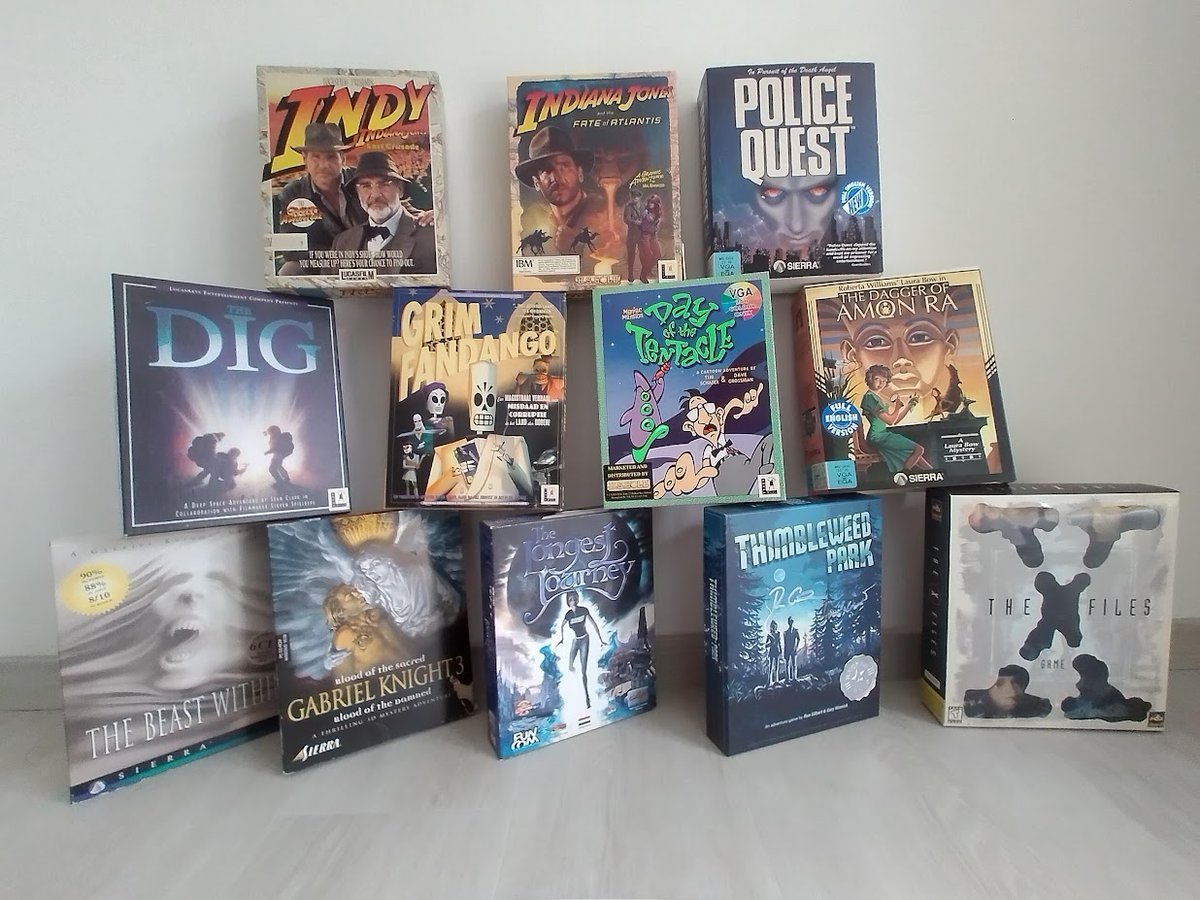 Moving house five times forced me to get rid of "Cruise for a Corpse",  "Lure of the Temptress", "Beneath a Steel Sky", "Dune", "Curse of  Enchantia", "Blue Force", "Lost in Time", "Under a Killing Moon",  "Touché", "Ace Ventura" ... All gone... 😭 At least I still have these...