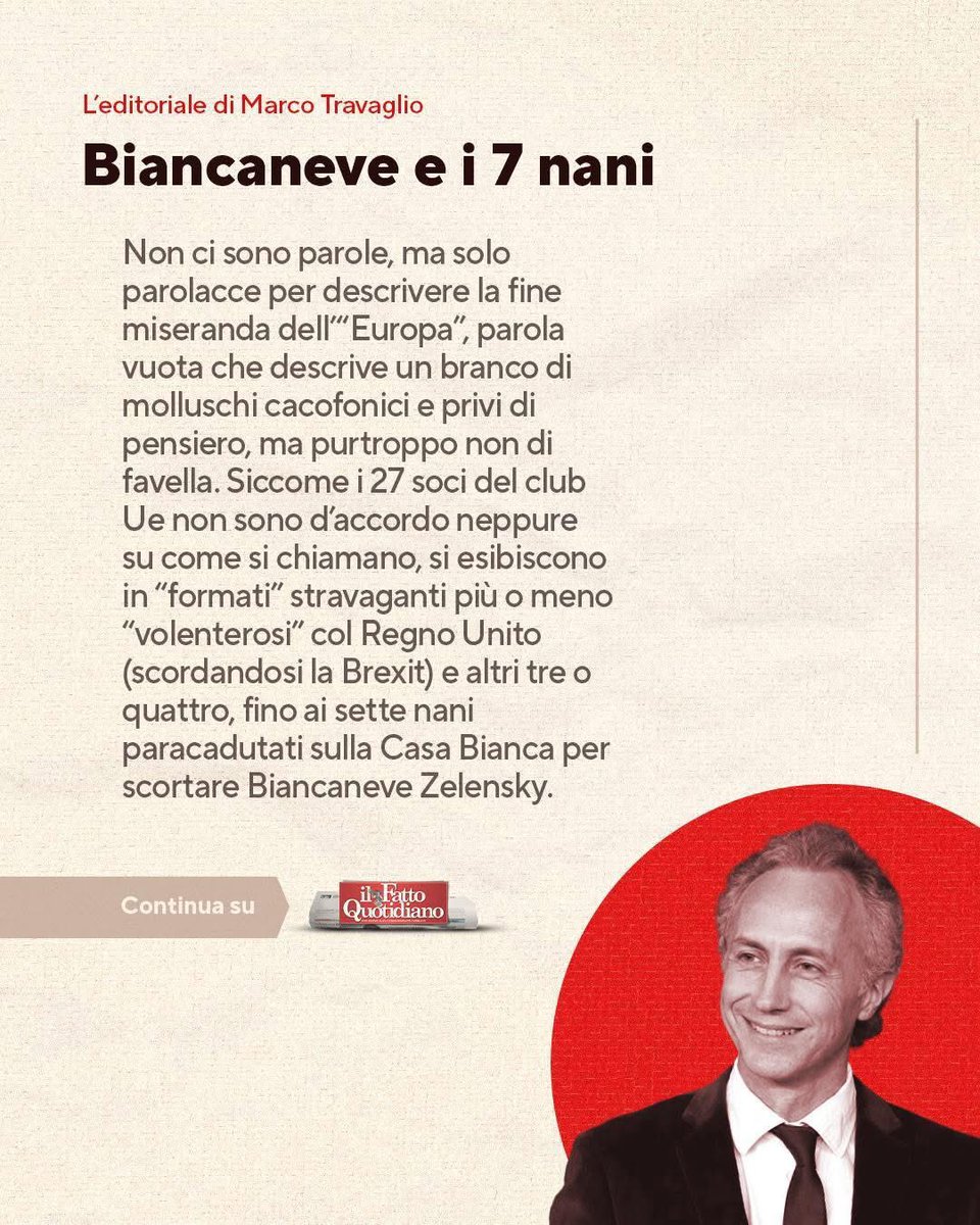 Biancaneve e i 7 nani.

Leggi l'editoriale completo in edicola e su FQ Extra 👉 ilfat.to/4lC3fdI