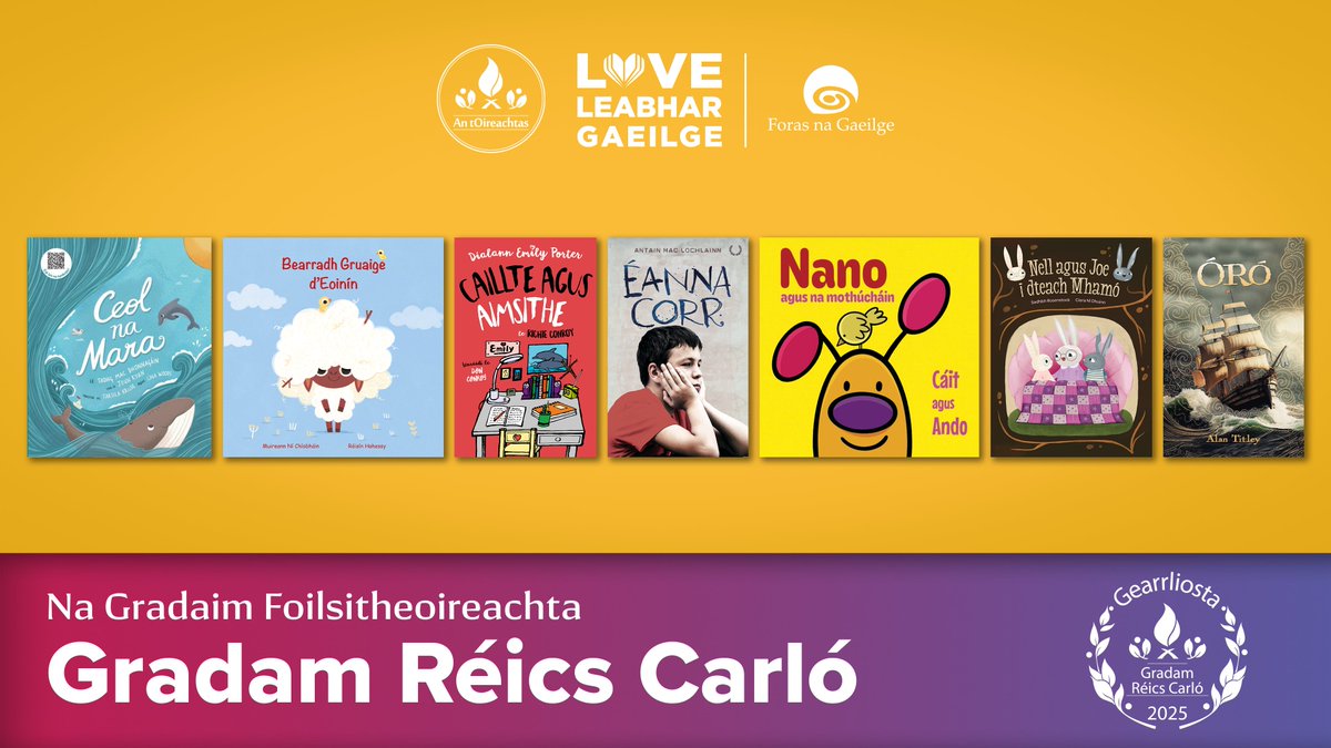 ✨Gearrliosta Ghradam Réics Carló 2025!✨

Comhghairdeas leis na tithe foilsitheoireachta, na scríbhneoirí &amp; na maisitheoirí ar fad a bhain gearrliosta na bliana amach!🎉

Tuilleadh Eolais: antoireachtas.ie/gradaim-foilsi…

#Oireachtas2025 #LoveLeabhairGaeilge
