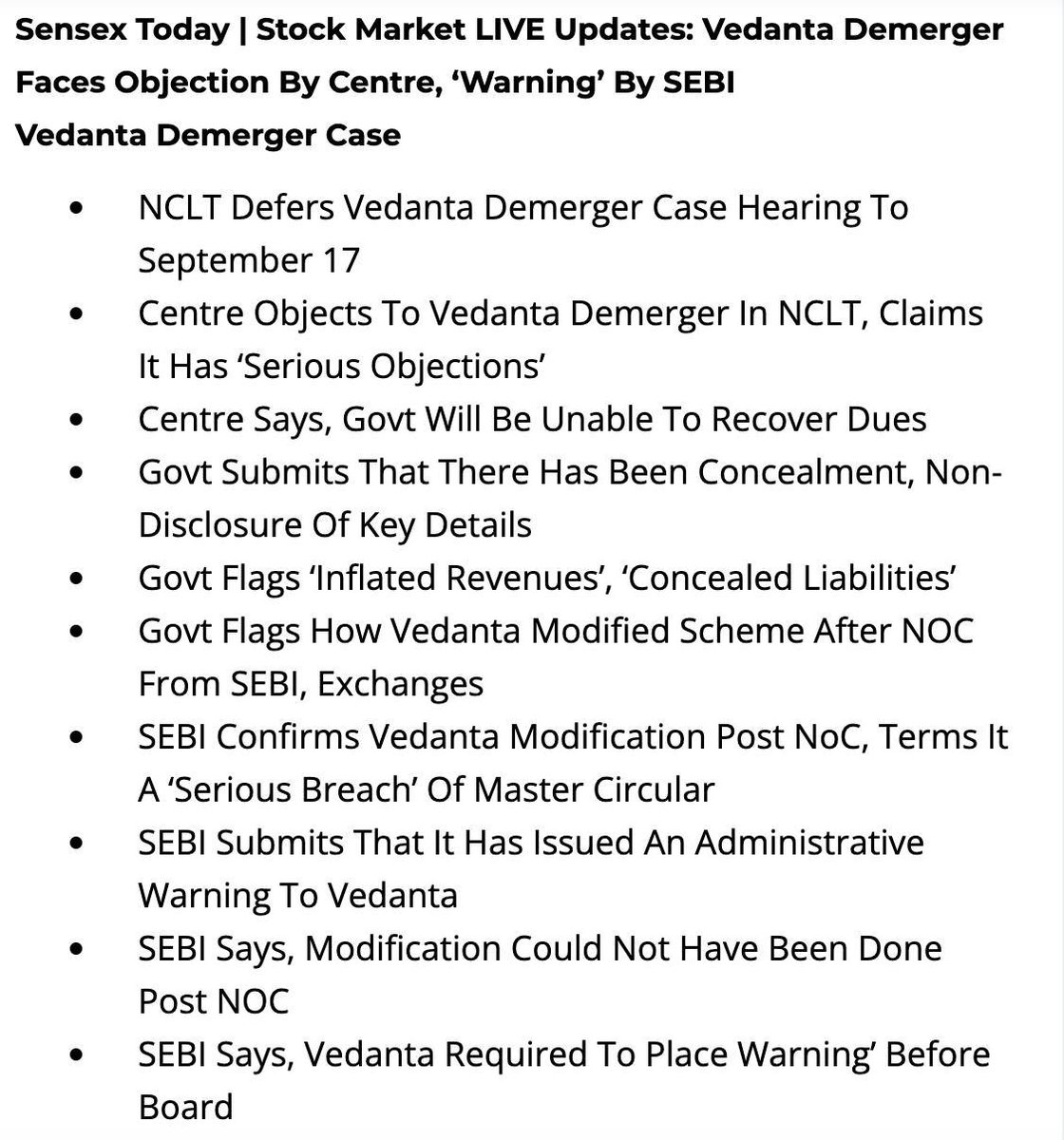 More than a delay, this may signal the end of the demerger. The concerns signalled by the GoI and SEBI aren’t technicalities. They show how #Vedanta ignored procedure to spin a demerger fantasy that fixes nothing to save its promoters. $VEDL
