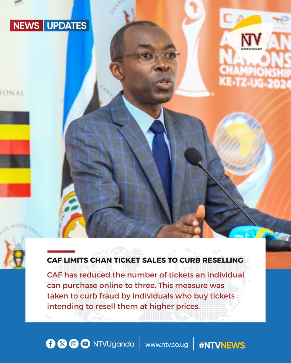 NTV UGANDA (@ntvuganda) on Twitter photo UPDATE: CAF has limited online ticket purchases to three per person ahead of the CHAN quarter-finals to prevent ticket reselling, said Dr. Dennis Mugimba, spokesperson for the Ministry of Education and Sports. #NTVNews #CHAN2024
📸 <a href="/GeofreyMutumba2/">Geofrey Mutumba</a> UPDATE: CAF has limited online ticket purchases to three per person ahead of the CHAN quarter-finals to prevent ticket reselling, said Dr. Dennis Mugimba, spokesperson for the Ministry of Education and Sports. #NTVNews #CHAN2024
📸 <a href="/GeofreyMutumba2/">Geofrey Mutumba</a>