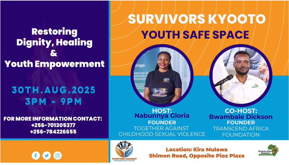 Nabunnya Gloria (@glorianabunnya) on Twitter photo Restoring Dignity, Healing and Empowering youth survivors of Childhood Sexual Violence.
Thank you <a href="/TACSEVU/">Together Against Childhood Sexual Violence Uganda</a> for this thoughtful #YouthSafeSpaceUg #SurvivorsKyooto
It’s always a pleasure to Host the session 🙏
With <a href="/bwambaledickso/">Bwambale Dickson Murugahara</a> on board, I’m super excited 😆 Restoring Dignity, Healing and Empowering youth survivors of Childhood Sexual Violence.
Thank you <a href="/TACSEVU/">Together Against Childhood Sexual Violence Uganda</a> for this thoughtful #YouthSafeSpaceUg #SurvivorsKyooto
It’s always a pleasure to Host the session 🙏
With <a href="/bwambaledickso/">Bwambale Dickson Murugahara</a> on board, I’m super excited 😆