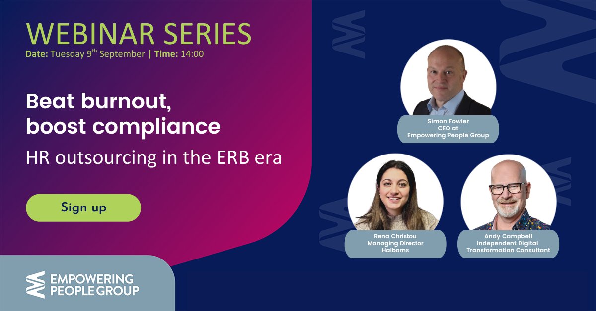Webinar: Beat burnout, boost compliance.

Learn how HR outsourcing, data insights and empowering managers can lighten the load on your team and strengthen compliance.

🗓️ Tuesday 9 September | 14:00

Register: hubs.la/Q03C7Yn90

#EmploymentRightsBill #HRStrategy #HRBurnout