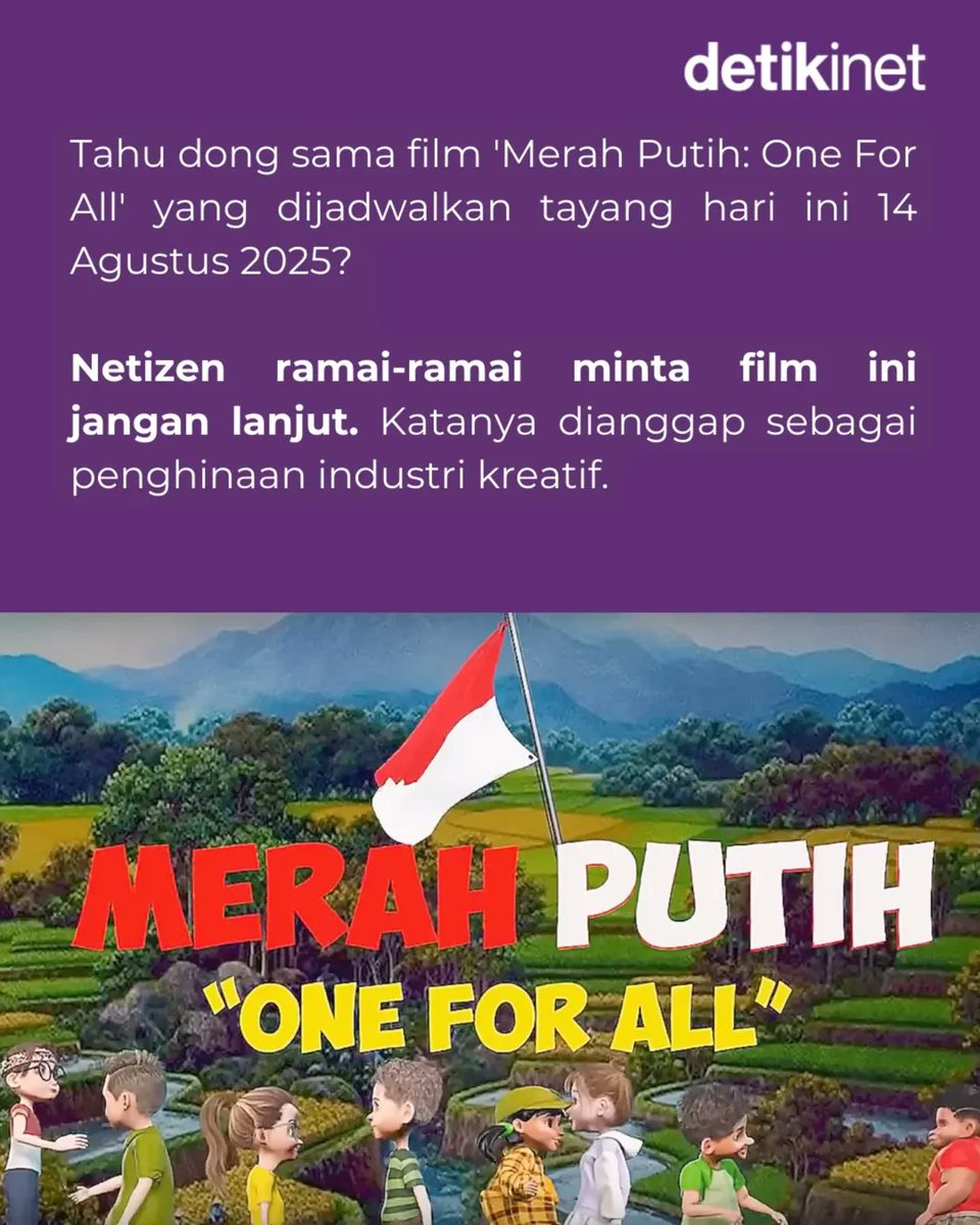 detikinet's tweet image. Waduh, belum tayang, film 'Merah Putih: One For All' udah panen kritik aja nih. 👀

Tanggapannya detikers? 🤔

#netizen #viral #merahputihoneforall #detikInet