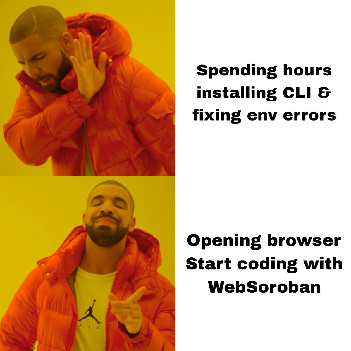 Soroban today:
🖥️ Install CLI
⚙️ Configure env
⏳ Debug for hours

Soroban with WebSoroban:
🌐 Open browser
⚡ Start coding instantly
🚀 Ship in seconds