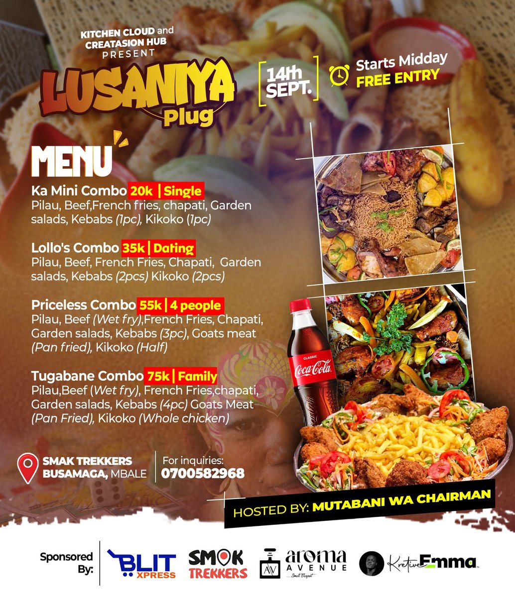 CreaTasion Hub (@creatasionhub1) on Twitter photo Here we go!!!!
Our Lusaniya plug Menu is Out here, CHECK it out and choose your best combo for next Month as of 14th September.....We shall be making Deliveries within town for those who can't make it at the Venue...,
All Hosted by: <a href="/MutabaniWaChair/">Mutabani Wa'Chairman</a>
Sponsored by: <a href="/blit_xpress/">Blit Xpress</a> Here we go!!!!
Our Lusaniya plug Menu is Out here, CHECK it out and choose your best combo for next Month as of 14th September.....We shall be making Deliveries within town for those who can't make it at the Venue...,
All Hosted by: <a href="/MutabaniWaChair/">Mutabani Wa'Chairman</a>
Sponsored by: <a href="/blit_xpress/">Blit Xpress</a>