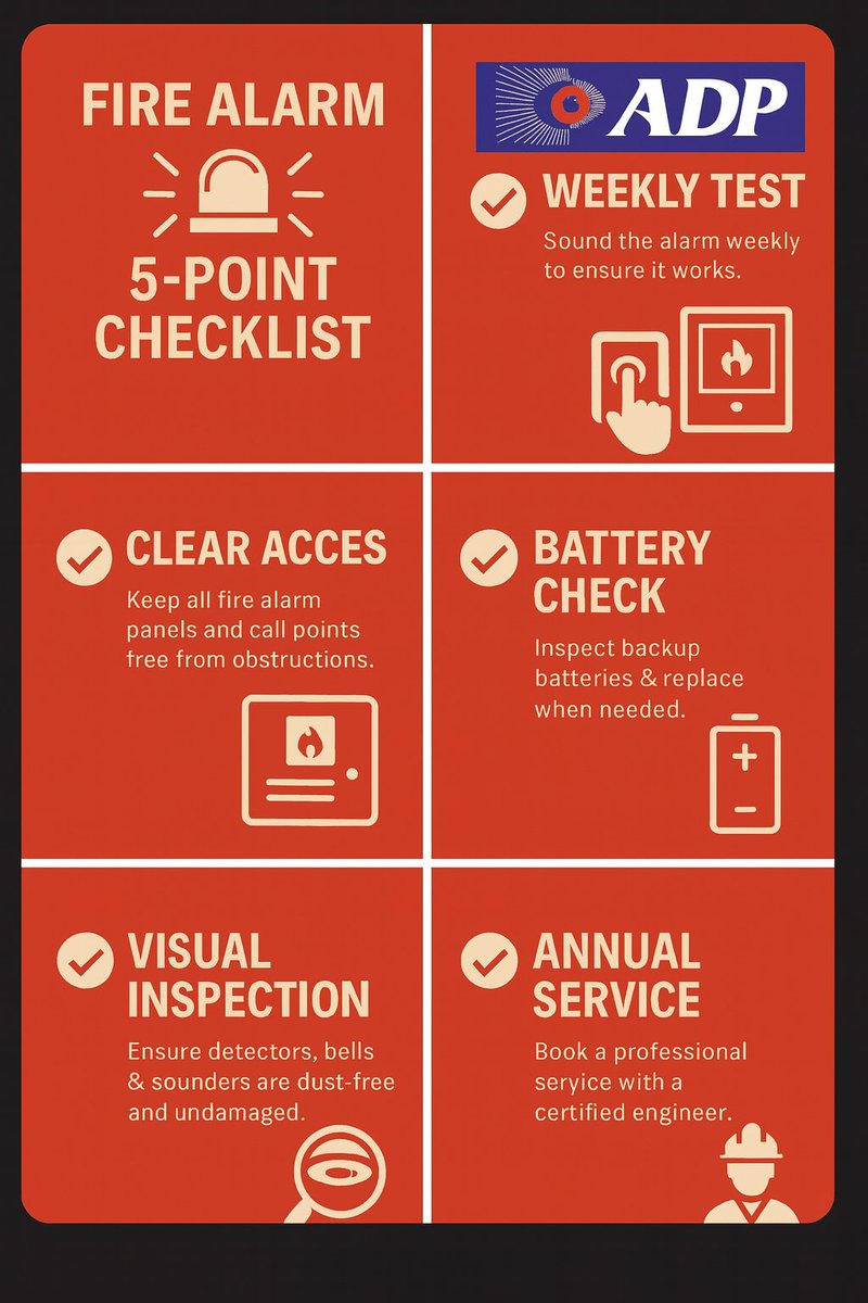 🚨 Fire alarms save lives – but only if they’re working.

Here’s a simple 5-point checklist:
✅ Test weekly
✅ Keep access clear
✅ Check batteries
✅ Inspect visually
✅ Annual service

#FireSafety #WorkplaceSafety