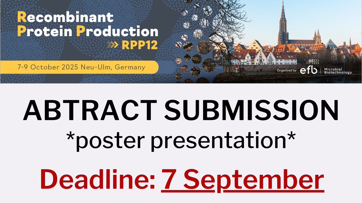 EFB Biotechnology (@efbiotechnology) on Twitter photo ๐จ ๐๐๐๐๐๐๐๐ ๐๐๐๐๐๐๐๐! ๐จ
Abstract submission for #RPP2025 (Recombinant Protein Production) is now open until ๐ ๐๐๐ฉ๐ญ๐๐ฆ๐๐๐ซ for poster presentations!
๐๐จ๐ง๐๐๐ซ๐๐ง๐๐ ๐ญ๐จ๐ฉ๐ข๐๐ฌ ๐ข๐ง๐๐ฅ๐ฎ๐๐:
โ
Host strain optimization
โ
Model-enabled process ๐จ ๐๐๐๐๐๐๐๐ ๐๐๐๐๐๐๐๐! ๐จ
Abstract submission for #RPP2025 (Recombinant Protein Production) is now open until ๐ ๐๐๐ฉ๐ญ๐๐ฆ๐๐๐ซ for poster presentations!
๐๐จ๐ง๐๐๐ซ๐๐ง๐๐ ๐ญ๐จ๐ฉ๐ข๐๐ฌ ๐ข๐ง๐๐ฅ๐ฎ๐๐:
โ
Host strain optimization
โ
Model-enabled process