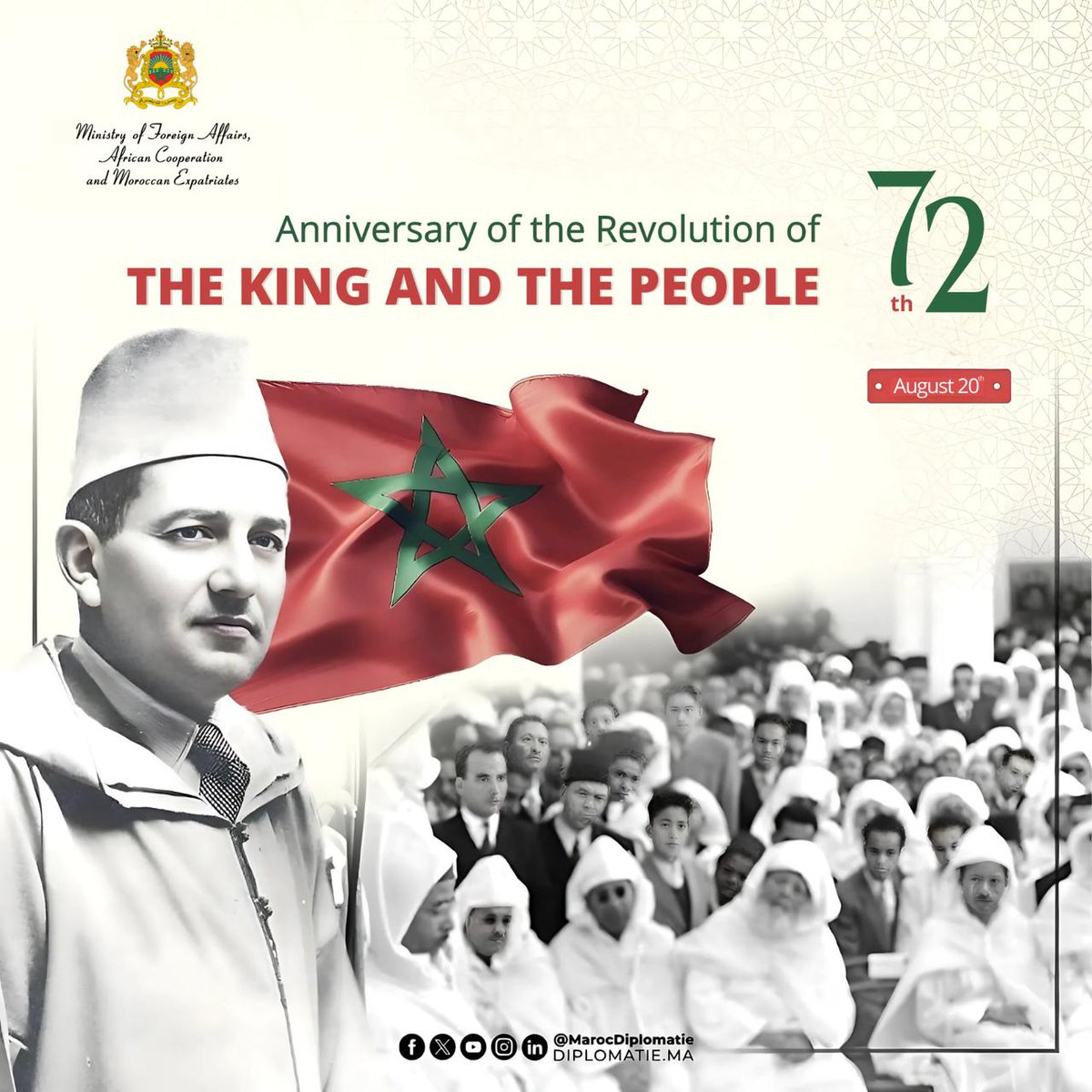 Morocco celebrates today, August 20th, the 72nd anniversary of the Revolution of the King and the People, a historic milestone in the fight for independence, symbolizing the deep unity between Throne and People in defending the nation’s sovereignty and unity