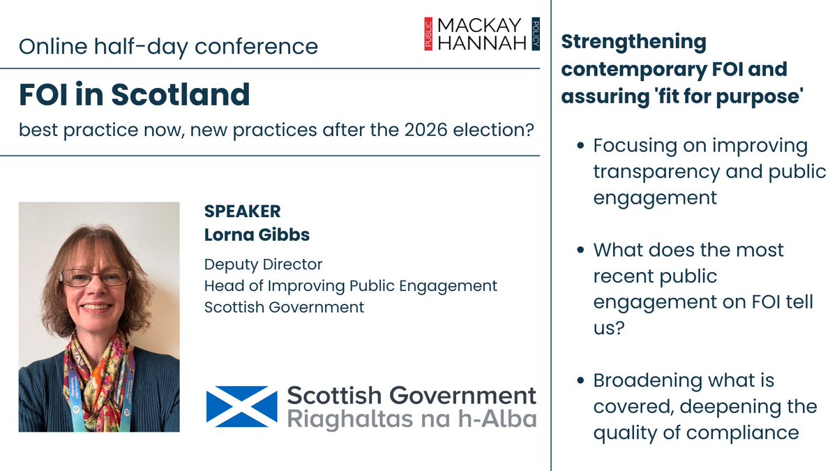 MacKay Hannah (@mackayhannah) on Twitter photo Delighted to have Lorna Gibbs <a href="/scotgov/">Scottish Government</a> discussing 'Strengthening contemporary #FOI and assuring 'fit for purpose'.
๐ฅ๏ธ Online half-day conference
๐๏ธ 2 September 2025
๐ท ยฃ169: register 2, get 3rd half price
โน๏ธ ow.ly/C4hI50VWV1c
#FreedomOfInformation Delighted to have Lorna Gibbs <a href="/scotgov/">Scottish Government</a> discussing 'Strengthening contemporary #FOI and assuring 'fit for purpose'.
๐ฅ๏ธ Online half-day conference
๐๏ธ 2 September 2025
๐ท ยฃ169: register 2, get 3rd half price
โน๏ธ ow.ly/C4hI50VWV1c
#FreedomOfInformation