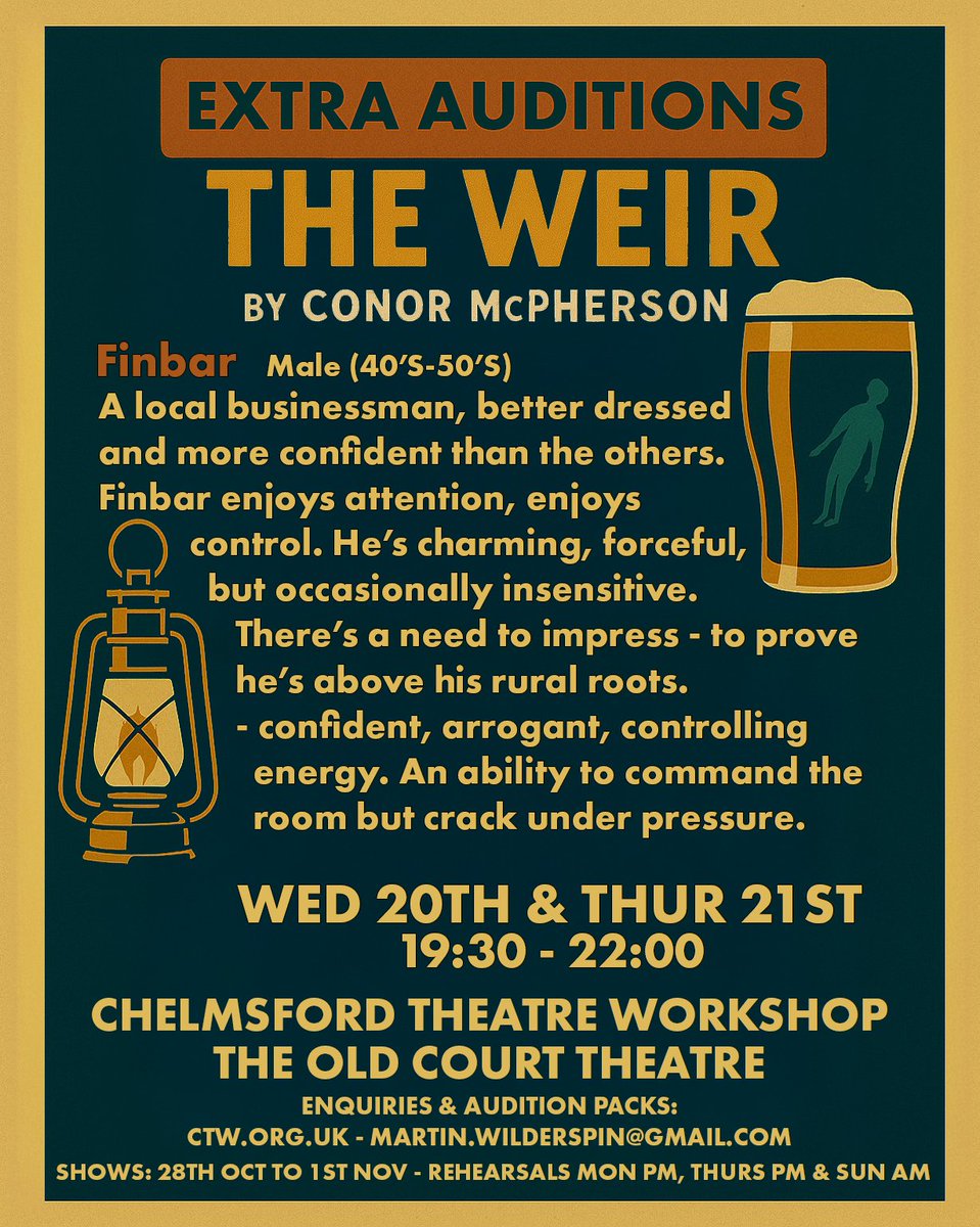 Casting FINBAR - confident local businessman, charming &amp; energetic with a polished edge. Loves leading the room; cracks show under pressure.
Audition pack &amp; form: bit.ly/3UPtOkG
#Chelmsford #EssexActors #ChelmsfordTheatre #TheWeirCTW #ukauditions #theatrecasting #amdram