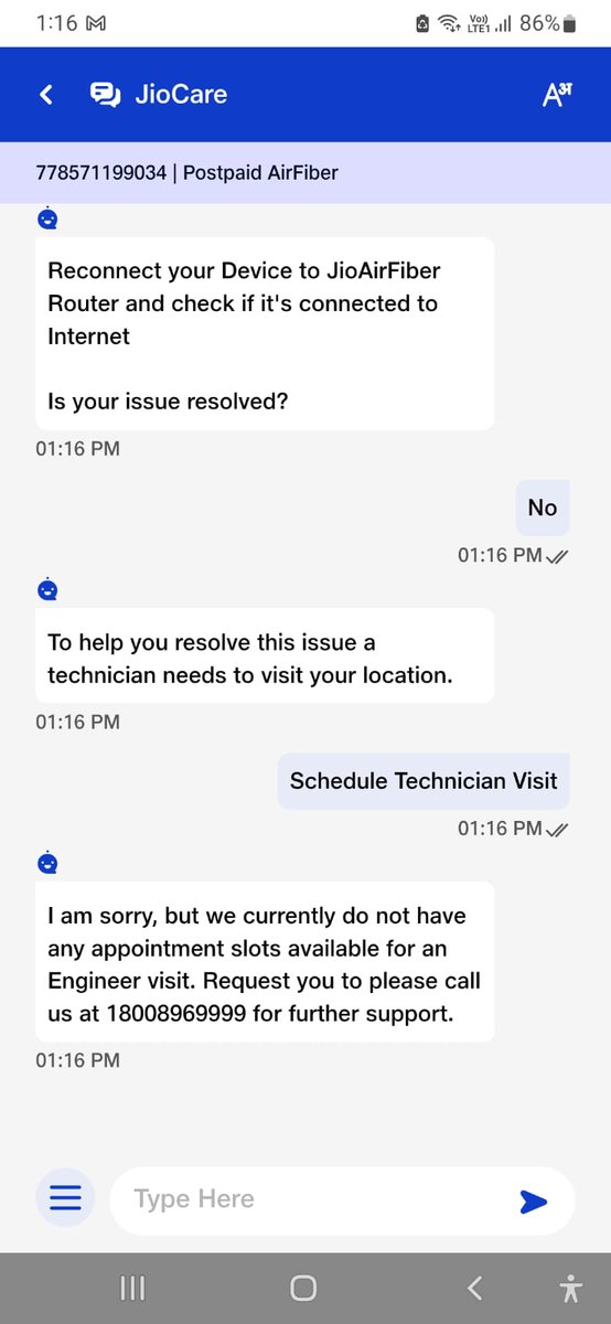 ajitnandvana's tweet image. Internet dead. Complaint marked “resolved” without fix.
@JioCare always says: “no appointment slots available” — then why fit WiFi if service not available?
No reply from @TRAI @consaff @DoT_India.
@PMOIndia @narendramodi ji — is this Digital India?
#Jio #ConsumerRights