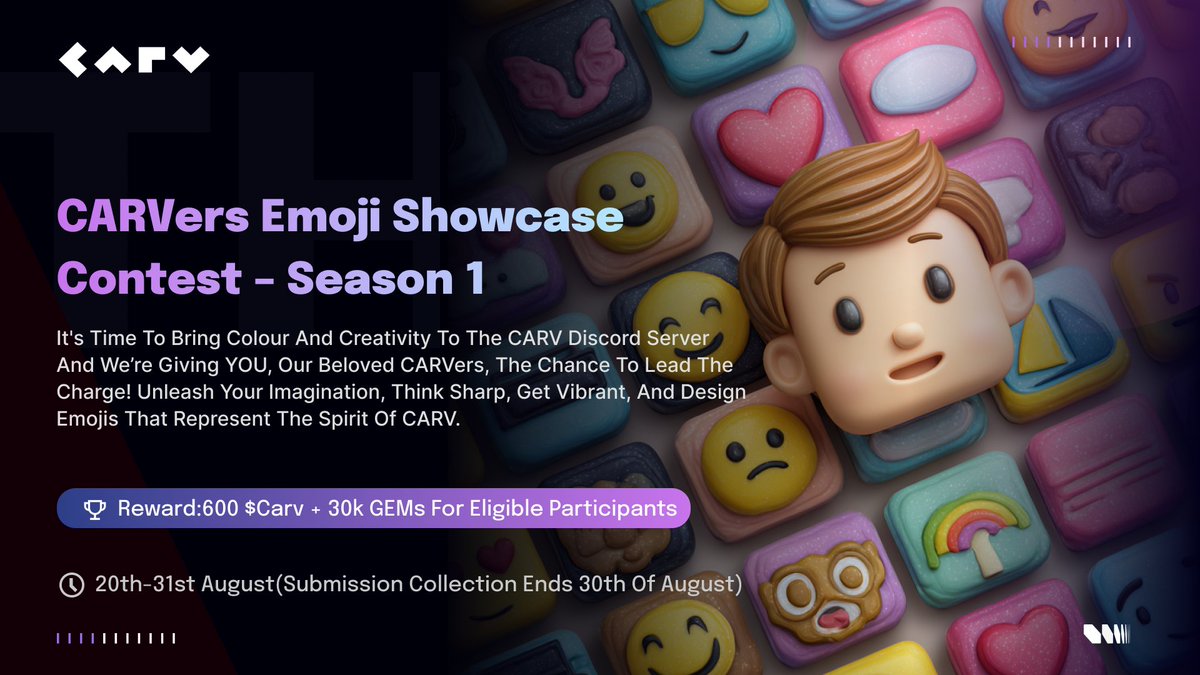 carv_official's tweet image. Real CARVers can draw real emojis 🥳👏👾💜😆🤣

Emoji Season 1 is live. Design 5–10 CARV‑themed Discord emojis and submit via CARV Play.

Judging: creativity, clean cuts, CARV fit, correct Discord size.
Timeline: Aug 20–30.
Rewards: 600 CARV + special roles
🏆 1st: 300 CARV +…