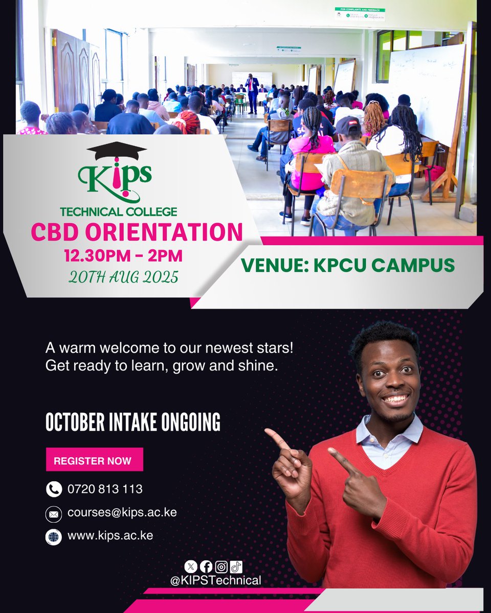 KIPS Technical College (@kipstechnical) on Twitter photo All new CBD Campus students are welcome to the orientation which will be held at KPCU campus. Welcome onboard to your dream college.๐ค
For more information
โ๏ธ: courses@kips.ac.ke
๐: kips.ac.ke
๐: 0720 813 113
#kipsorientation
#kipstechnicalcollege #kipscollege All new CBD Campus students are welcome to the orientation which will be held at KPCU campus. Welcome onboard to your dream college.๐ค
For more information
โ๏ธ: courses@kips.ac.ke
๐: kips.ac.ke
๐: 0720 813 113
#kipsorientation
#kipstechnicalcollege #kipscollege