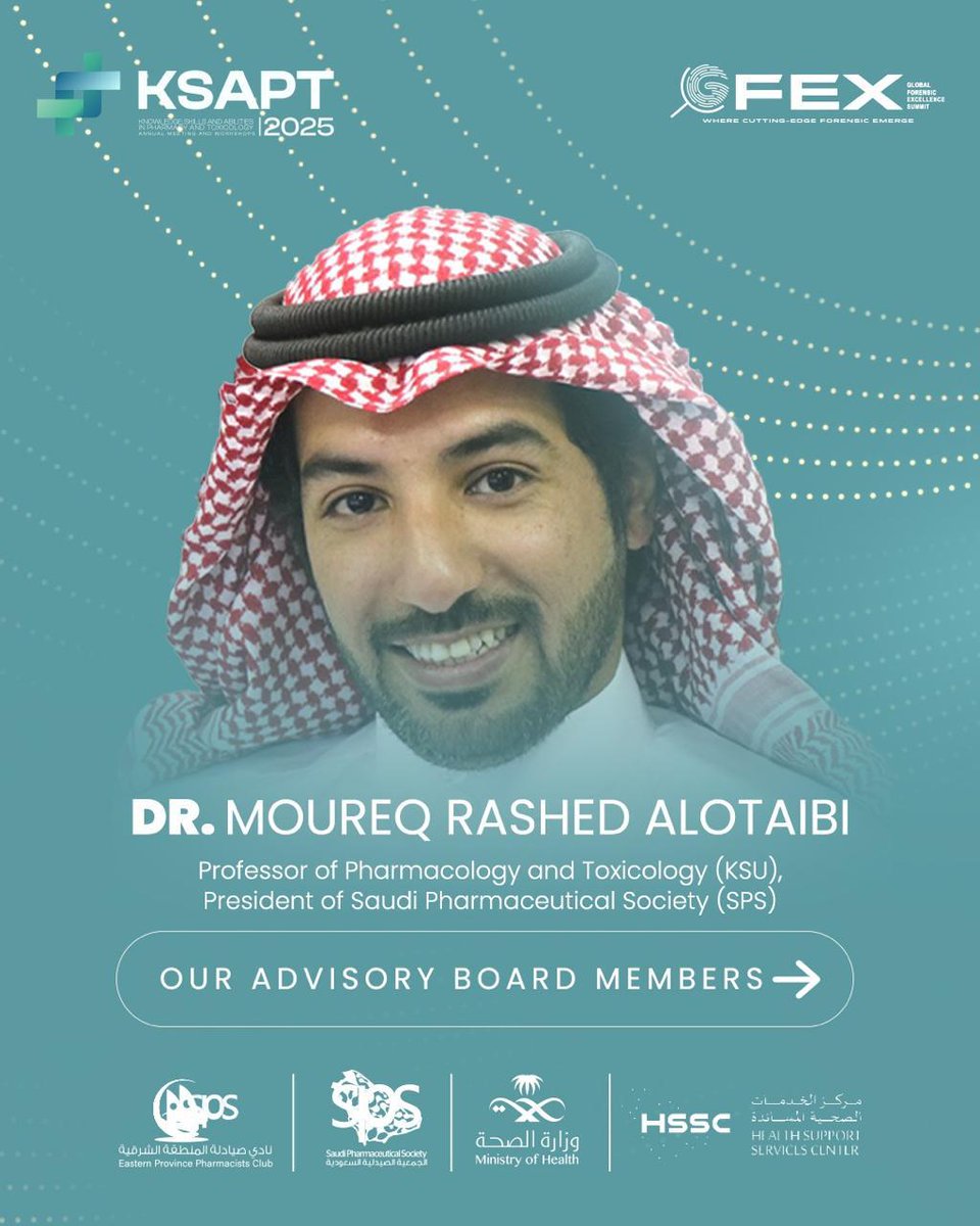 Meet Dr. Moureq Alotaibi, Advisory Board Member for #KSAPT2025! 

His expertise in pharmacy and toxicology advances our mission for safer healthcare. 

Join us in Riyadh to see his impact!

linkedin.com/in/moureq-alot…
#KSAPTteam #KSAPT2025 #ScienceLeaders