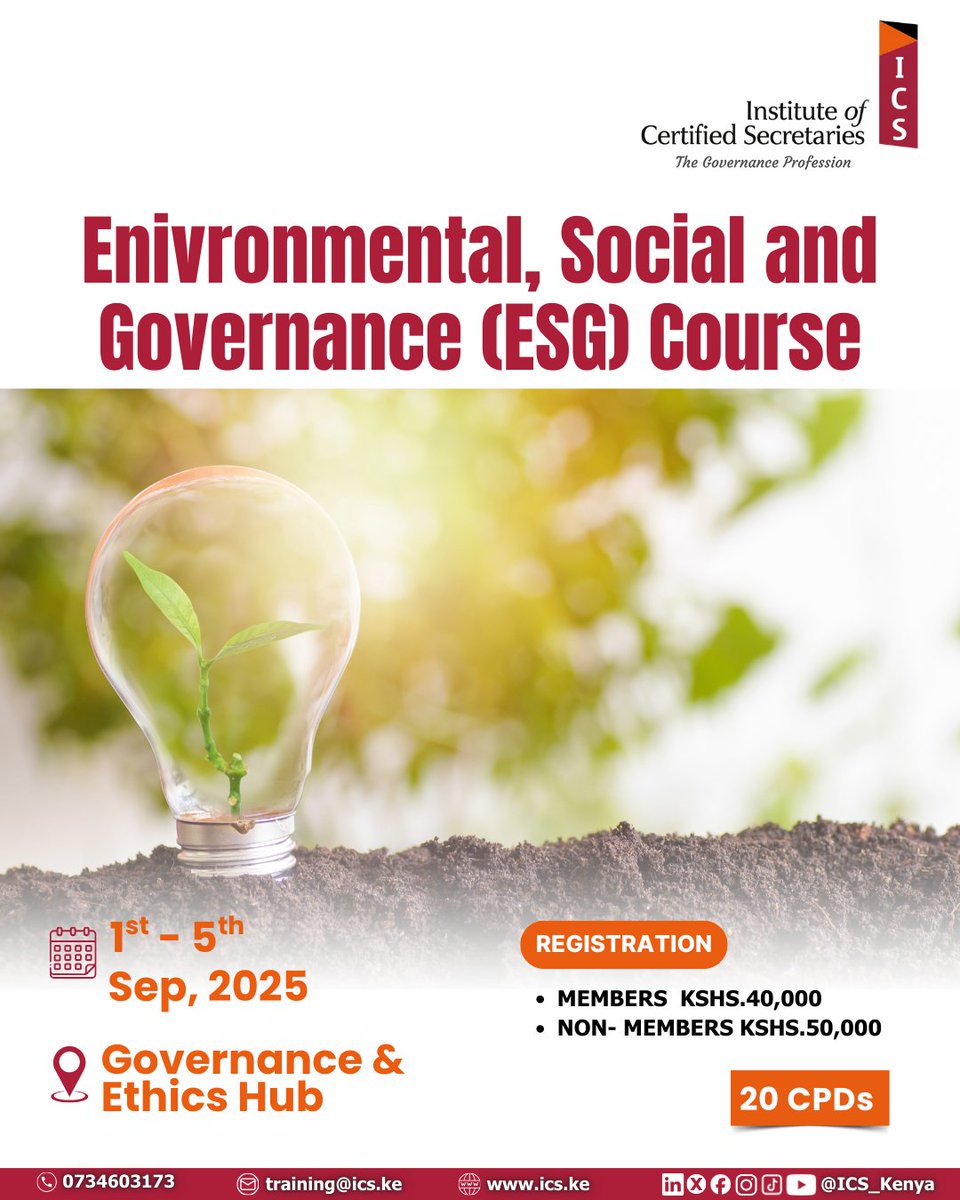 Sustainability starts with strong governance.

Be part of the ESG Course this September and strengthen your capacity in environmental stewardship, social responsibility, and governance excellence.

Secure your spot today: events.ics.ke/events/NDA5

#ICS_Kenya #CorporateGovernance