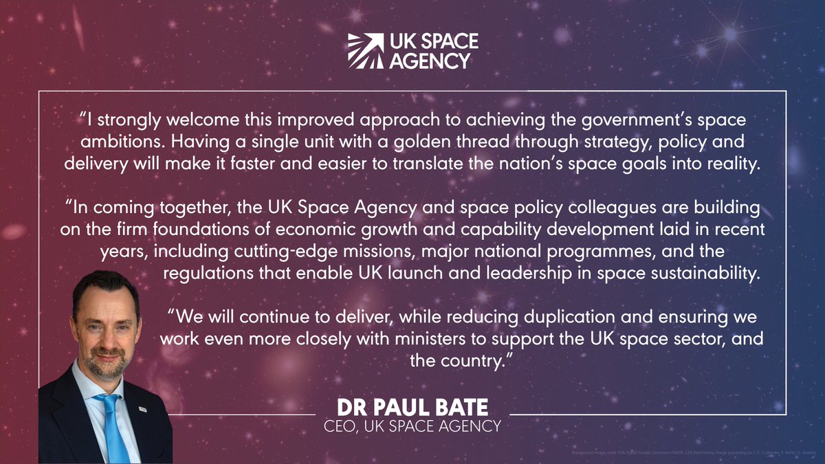 Our CEO <a href="/paul_bate/">Paul Bate</a> welcomes the news that the UK Space Agency will become part of @scitechgovuk from April. 

This is a major step to boost support for the space sector and deliver for the country, building on firm foundations to drive economic growth and national security. 🚀