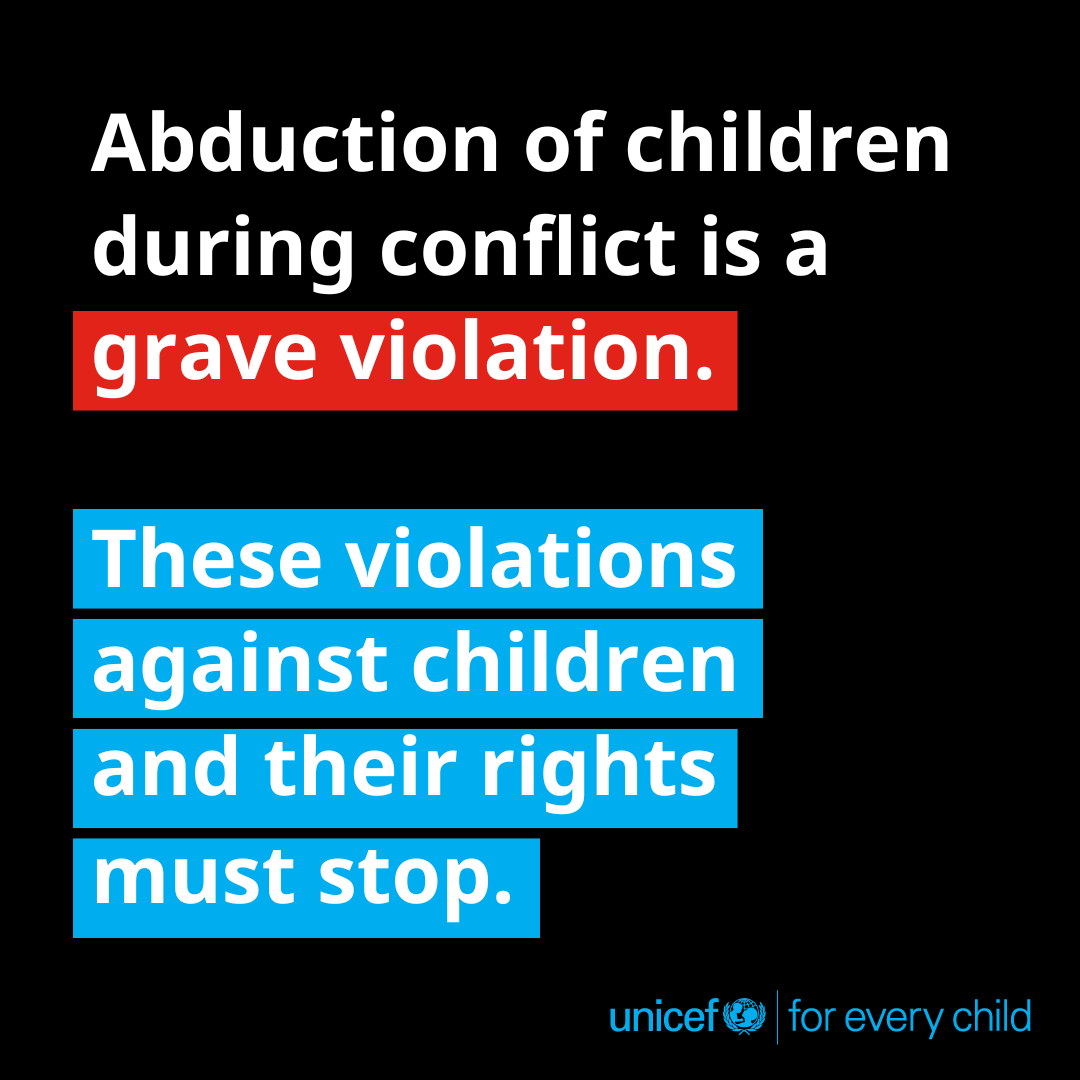 UNICEF's tweet photo. Thousands of children around the world are taken from their loved ones in armed conflicts. Thousands of children are being denied their rights to safety and protection.

This must stop. Together, we can #ProtectChildrenInConflict.

From advocating with those with power to take action, to providing life-saving supplies and services, UNICEF is committed to protecting children and their safety and rights in conflict.

Find out more at https://t.co/6FaylOzOdo.