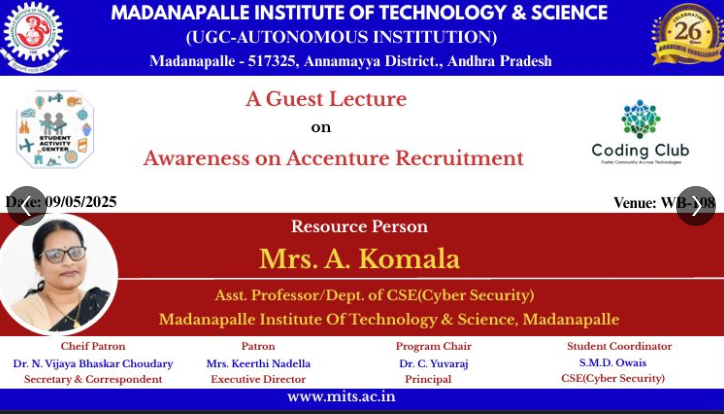 coding_club's tweet image. Had an insightful guest lecture by Mrs. A. Komala on “Awareness on Accenture Recruitment” hosted by MITS Coding Club! 💼 Great tips for aspiring tech pros! #MITS #CodingClub #AccentureJobs #StudentSuccess
(Student Coordinator: SMD Owais)
