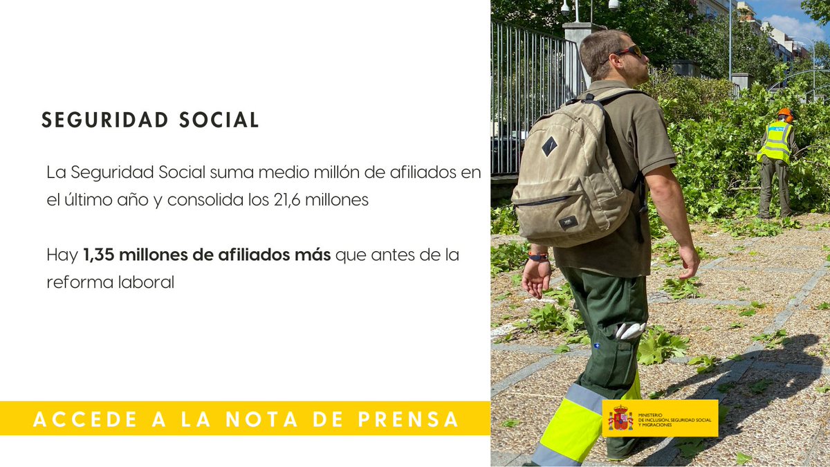 📊La Seguridad Social suma medio millón de afiliados en el último año

🔼Hay 1,35 millones de afiliados más que antes de la reforma laboral

📰Más info: run.gob.es/yfl44b01