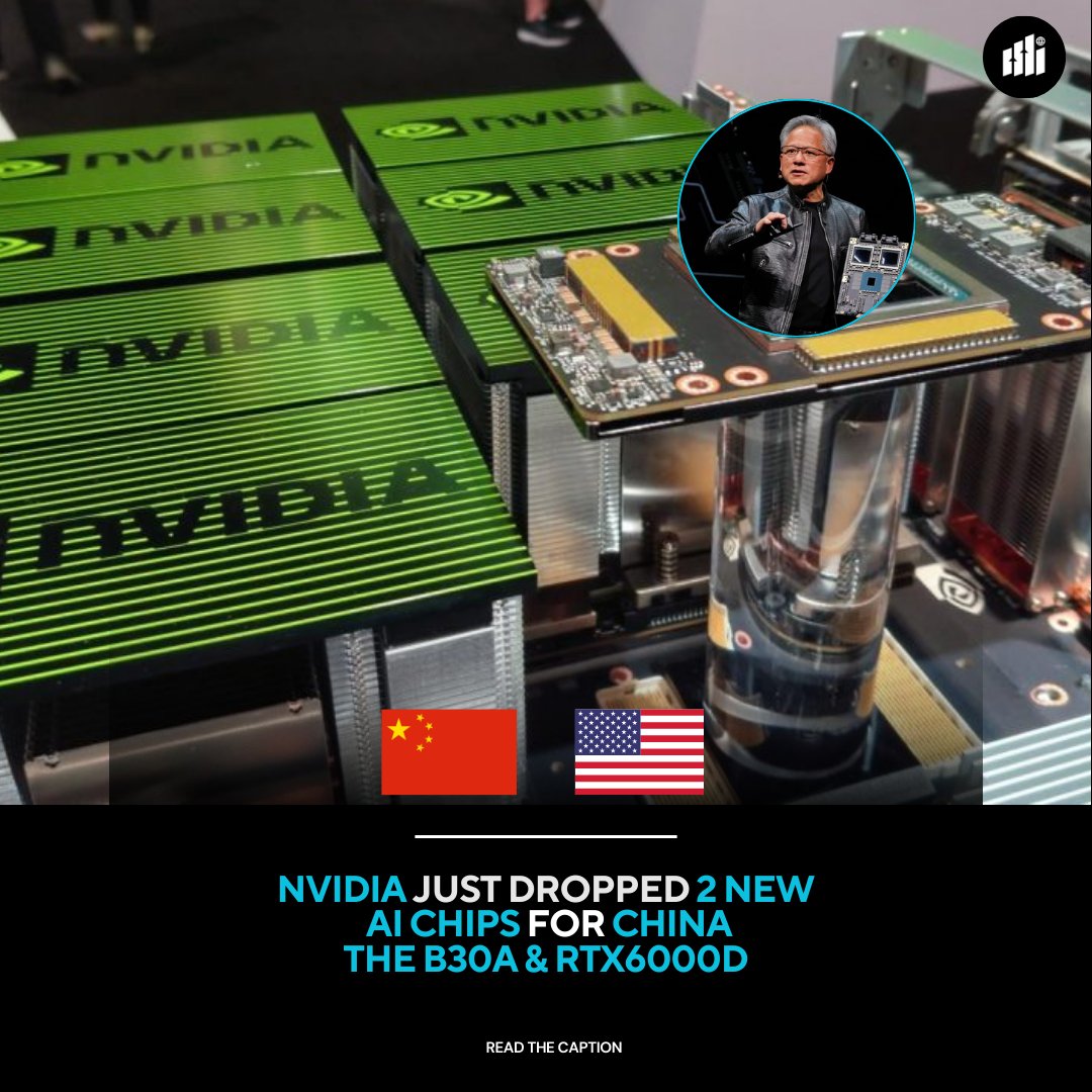 apec_index's tweet image. 🚨 Nvidia just launched two new AI chips designed specifically for China:
⚡ B30A – built on Blackwell, faster than the old H20, comes with high-bandwidth memory
🔵 RTX6000D – made for AI inference only, carefully tweaked to stay US export-compliant, dropping in September.