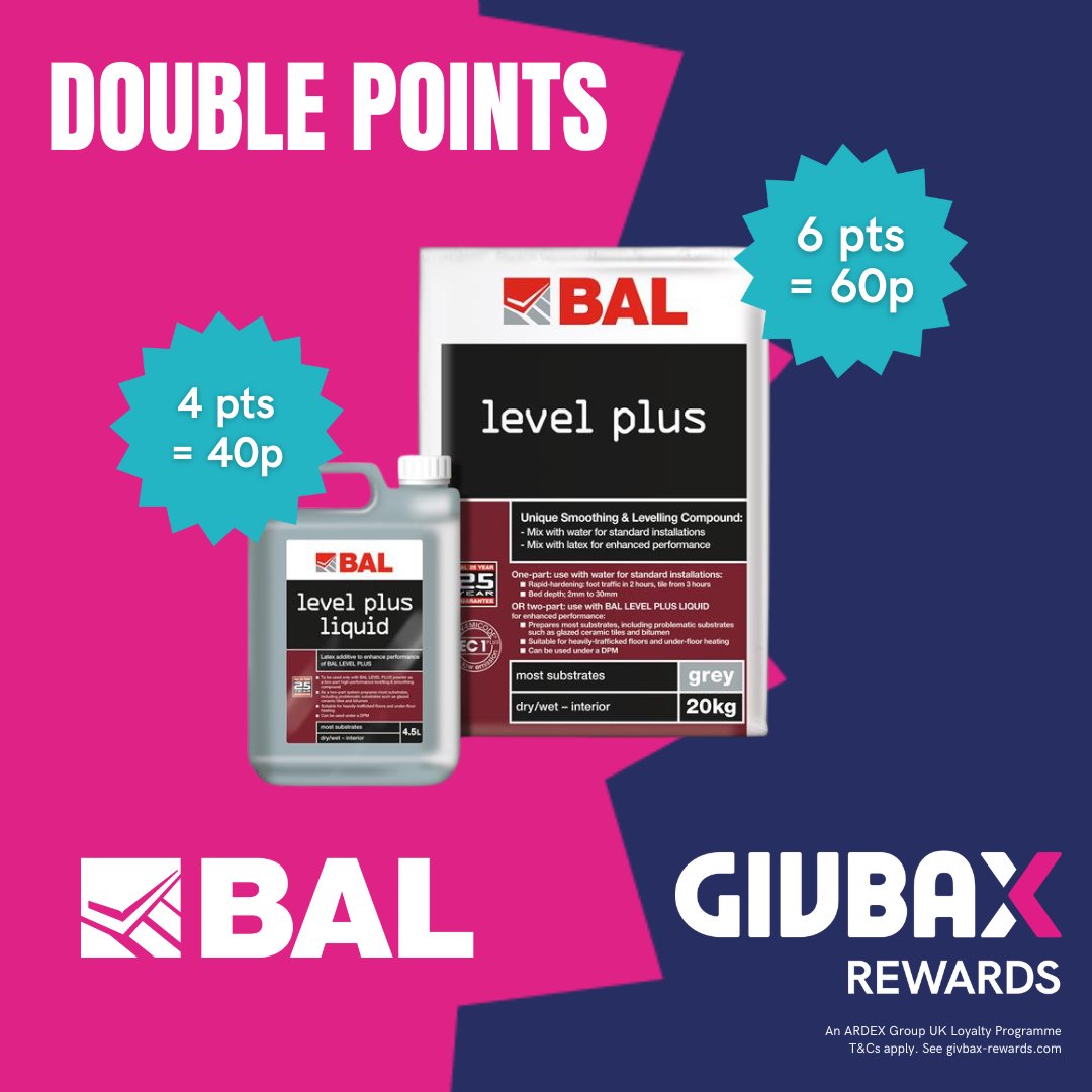 DOUBLE-BUBBLE 🫧

Don't miss out on DOUBLE POINTS on BAL Level Plus and BAL Level Plus Liquid until 7th October!

Find out more: ow.ly/zhz250WCLL4

 #BALRewards #DoublePoints #GivBax #CashBack #LoyaltyProgram #PointsForPurchases #LevelPlus #Tiling #TilingRewards #Rewards