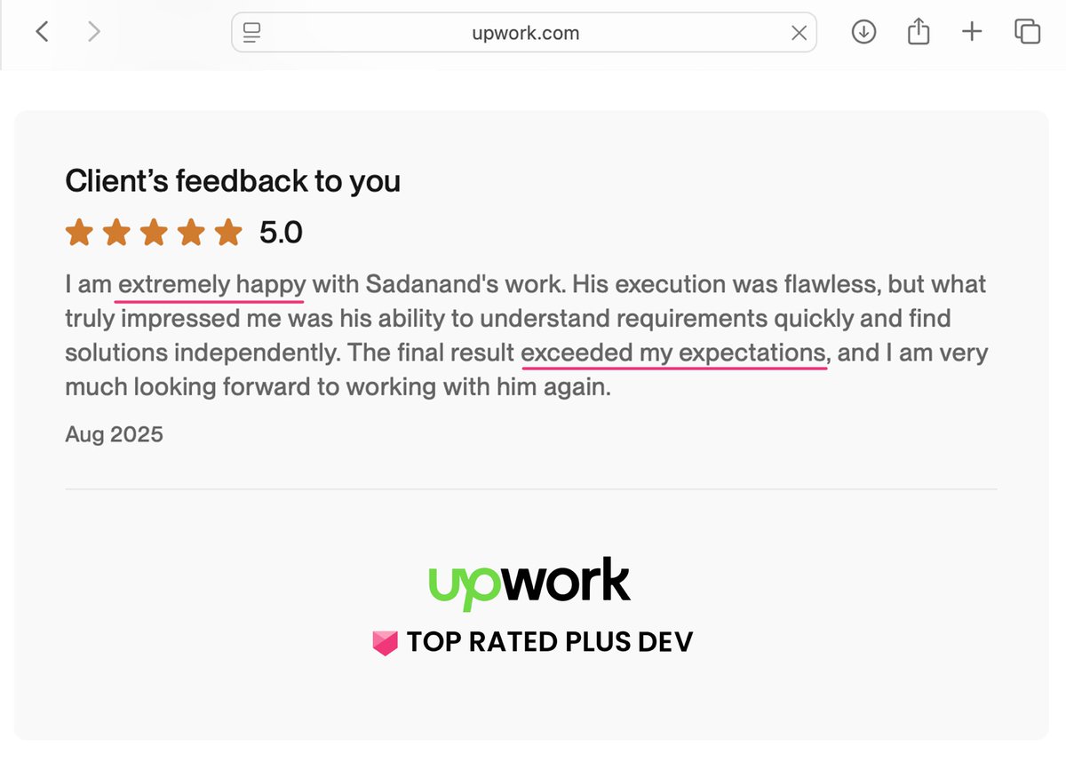 sadanand_iOS's tweet image. Clients don’t just hire for skills, they hire for outcomes.
Outcomes like this ⬇️
@Upwork
