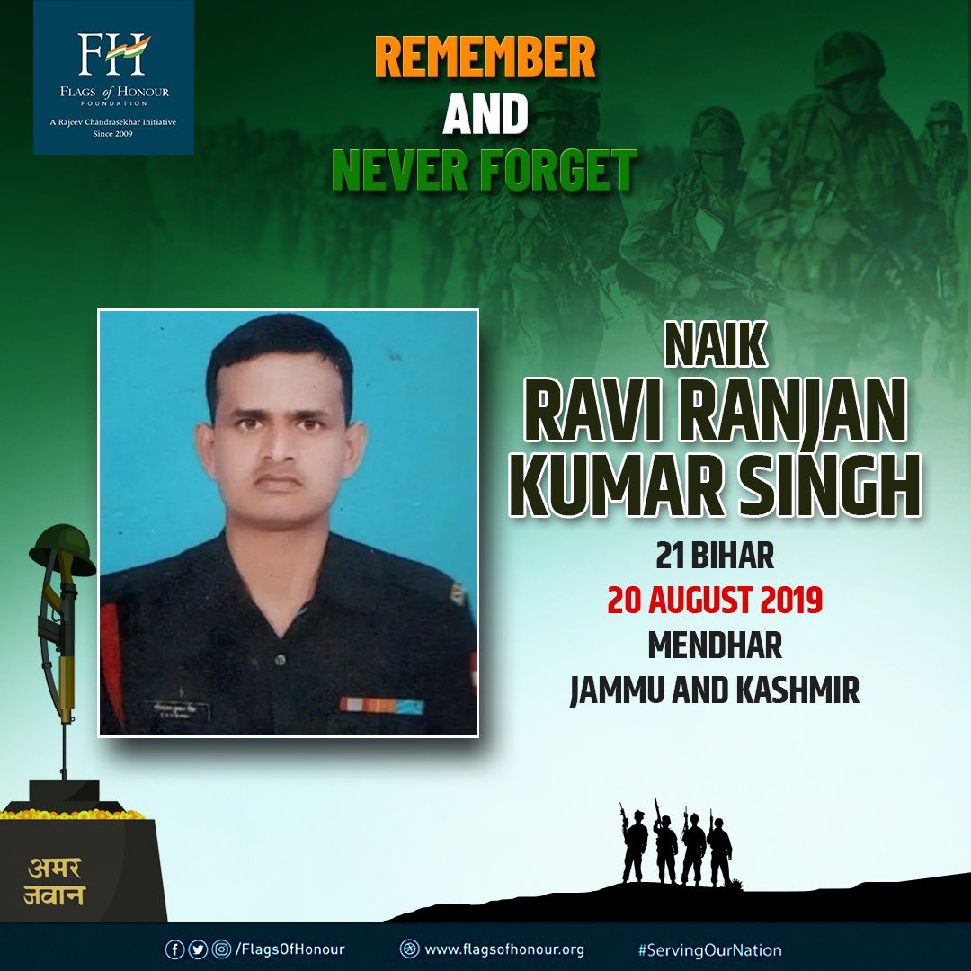 Naik Ravi Ranjan Kumar Singh, 21 Bihar, laid down his life in a ceasefire violation by Pakistan along the LoC at Mendhar Sector, Poonch, J&amp;K, #OnThisDay 20 August 2019. 

#RememberAndNeverForget his supreme sacrifice #ServingOurNation