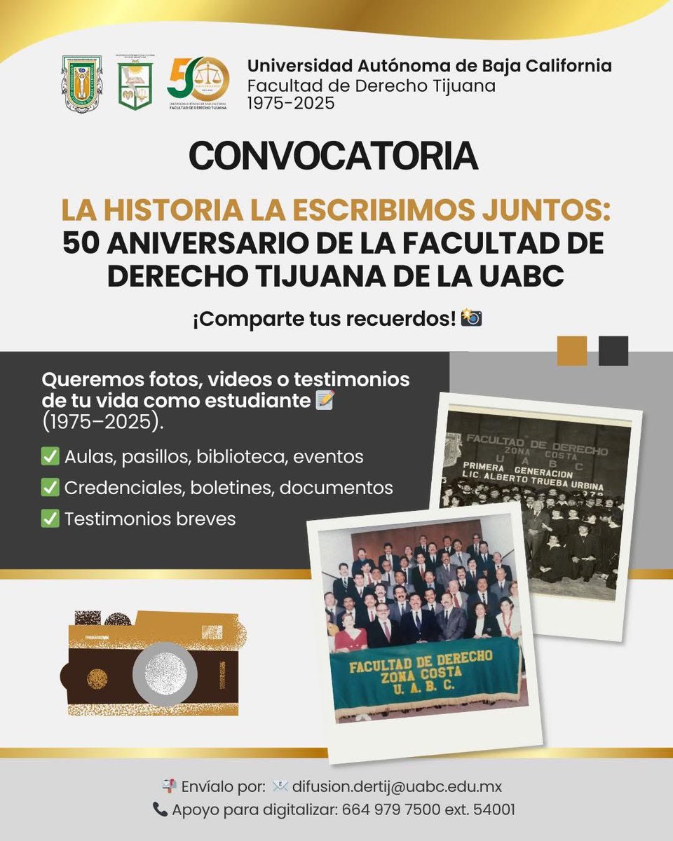 Estamos por celebrar el 50 aniversario de nuestra Facultad 📢
✨ La historia la escribimos juntos 
¡Comparte tus recuerdos! Si fuiste parte de la FDT en cualquier época entre 1975 y 2025, te invitamos a compartir 📸 fotos, 🎥 videos o testimonios breves de tu vida como estudiante
