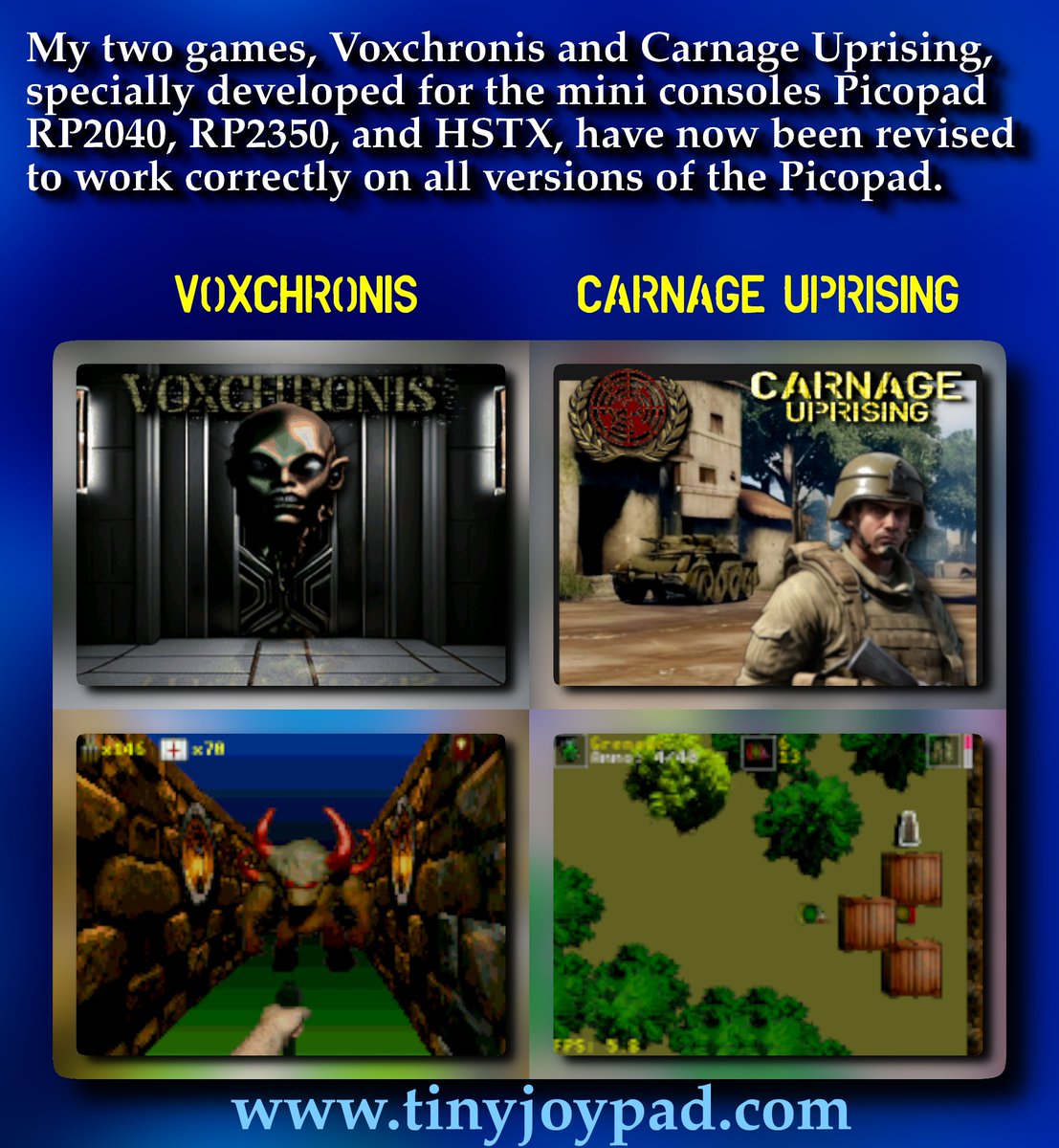 Electro_L_I_B's tweet image. My two games, Voxchronis and Carnage Uprising,specially developed for the mini consoles picopad RP2040, RP2350, and HSTX, have now been revised to work correctly on all versions of the Picopad. #RaspberryPi #RaspberryPizero #picolibsdk #picopadgames