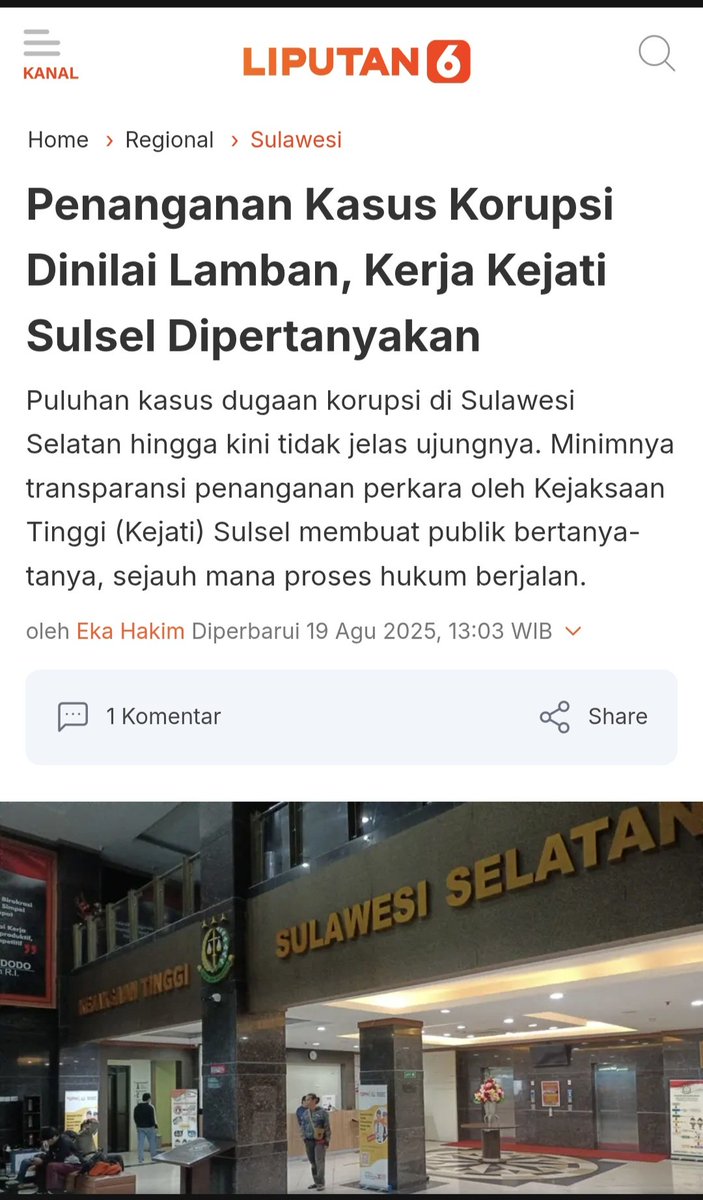 ACC sulawesi : Puluhan kasus dugaan korupsi di Sulsel hingga kini tidak jelas ujungnya, Minimnya transparansi penanganan perkara korupsi oleh pidsus Kejati Sulsel membuat publik bertanya-tanya

liputan6.com/regional/read/…