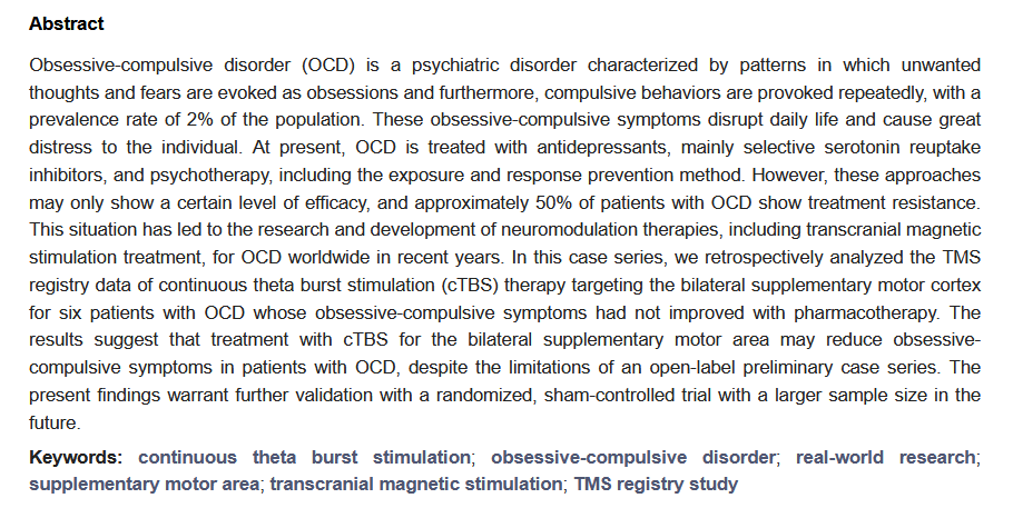JPM_MDPI's tweet photo. 🌵 Call-for-Reading
📌"A Case Series of Continuous Theta Burst #Stimulation Treatment for the Supplementary Motor Area Twice a Day in Patients with #Obsessive_Compulsive_Disorder: A Real World TMS Registry Study in Japan"
💎Citations 10
🔗Full text: https://t.co/LoBrMIy9Wl https://t.co/7Dqa2tDp3l