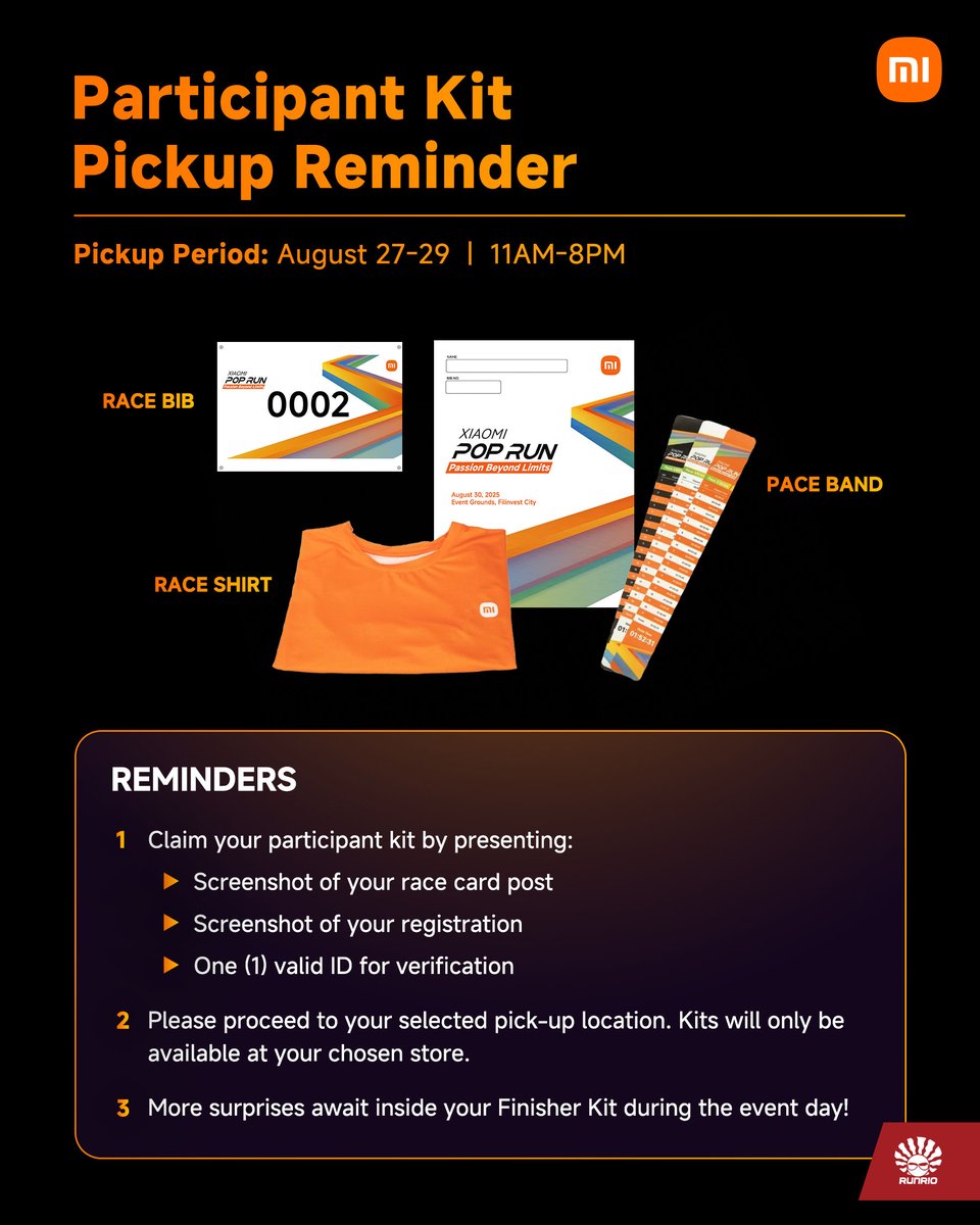 Xiaomi Philippines (@xiaomi_ph) on Twitter photo ๐ข POP RUNNERS! Claim your Participant Kit from August 27โ29, 11AMโ8PM at the Xiaomi Authorized Store you selected during registration. ๐โโ๏ธ๐โโ๏ธ
Donโt forget to bring:
โ Screenshot of your race card post
โ Screenshot of your registration
โ One (1) valid ID
More surprises await ๐ข POP RUNNERS! Claim your Participant Kit from August 27โ29, 11AMโ8PM at the Xiaomi Authorized Store you selected during registration. ๐โโ๏ธ๐โโ๏ธ
Donโt forget to bring:
โ Screenshot of your race card post
โ Screenshot of your registration
โ One (1) valid ID
More surprises await