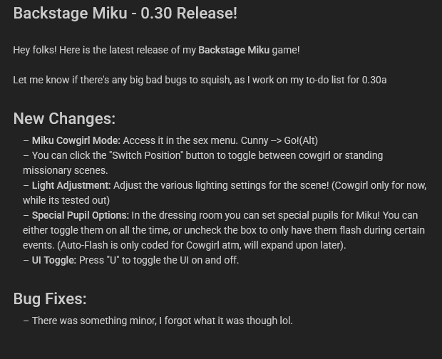 Mantis_X2's tweet photo. Backstage Miku - 0.30 Release! 

Hey folks! Here is the latest release of my Backstage Miku game!

I hope everyone enjoys!

------

Mirror 1:
https://t.co/4T8VsPqjWc

Mirror 2:
https://t.co/d9urohQoGt

Subscribestar Version:
https://t.co/NZB3dQHDHL